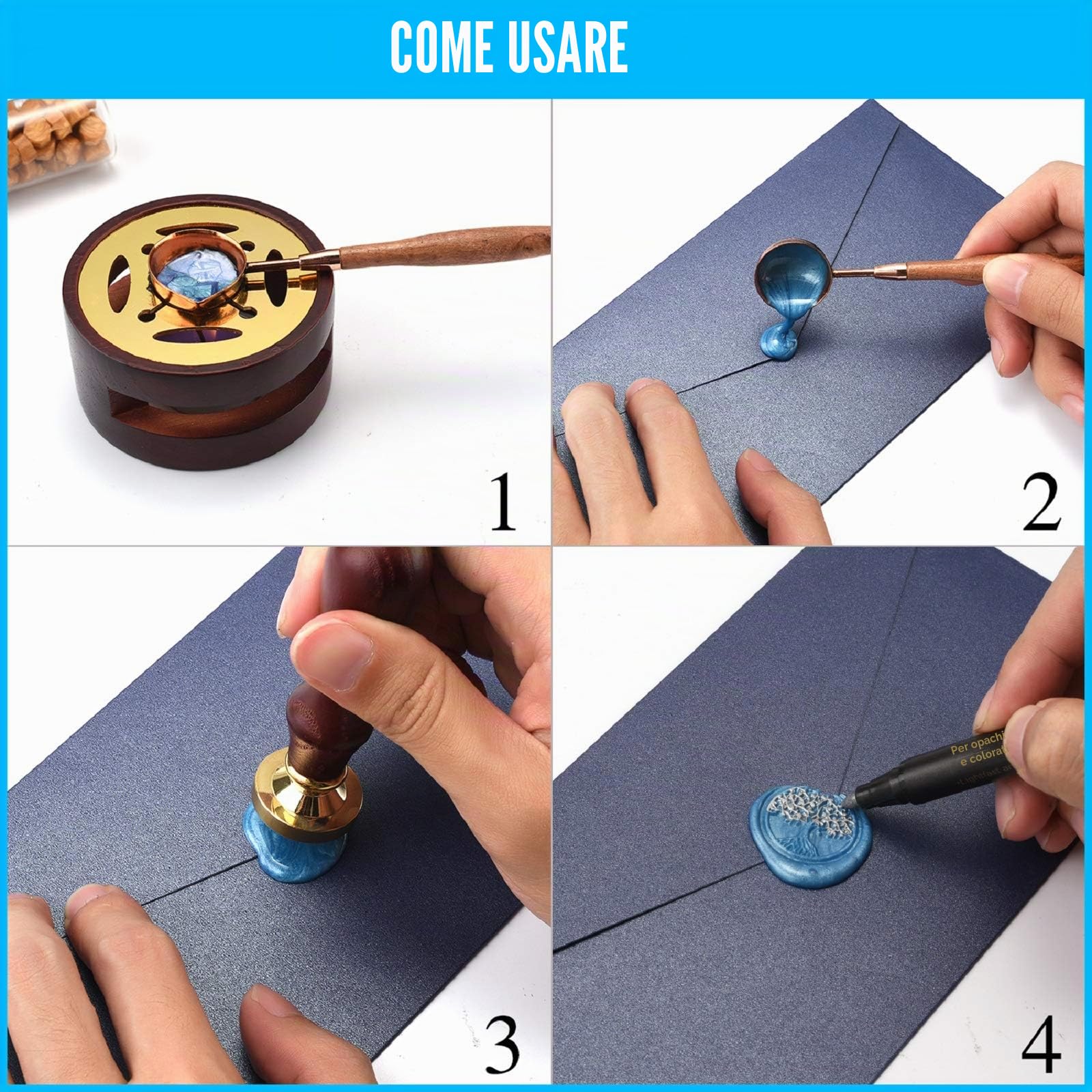 CHUHUAYUAN Kit di timbri per ceralacca con confezione regalo, 24 colori e 624 perline per ceralacca con timbro per ceralacca, scaldacalacca, penna metallica e busta, kit di sigillo di cera
