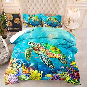 Kids Turtle Rose Comforter Set Queen Beach Theme Jellyfish Starfish Bedding Set Sea Animal Reptile Bed Set with 2 Pillowcases for Boys Girls Room Decor