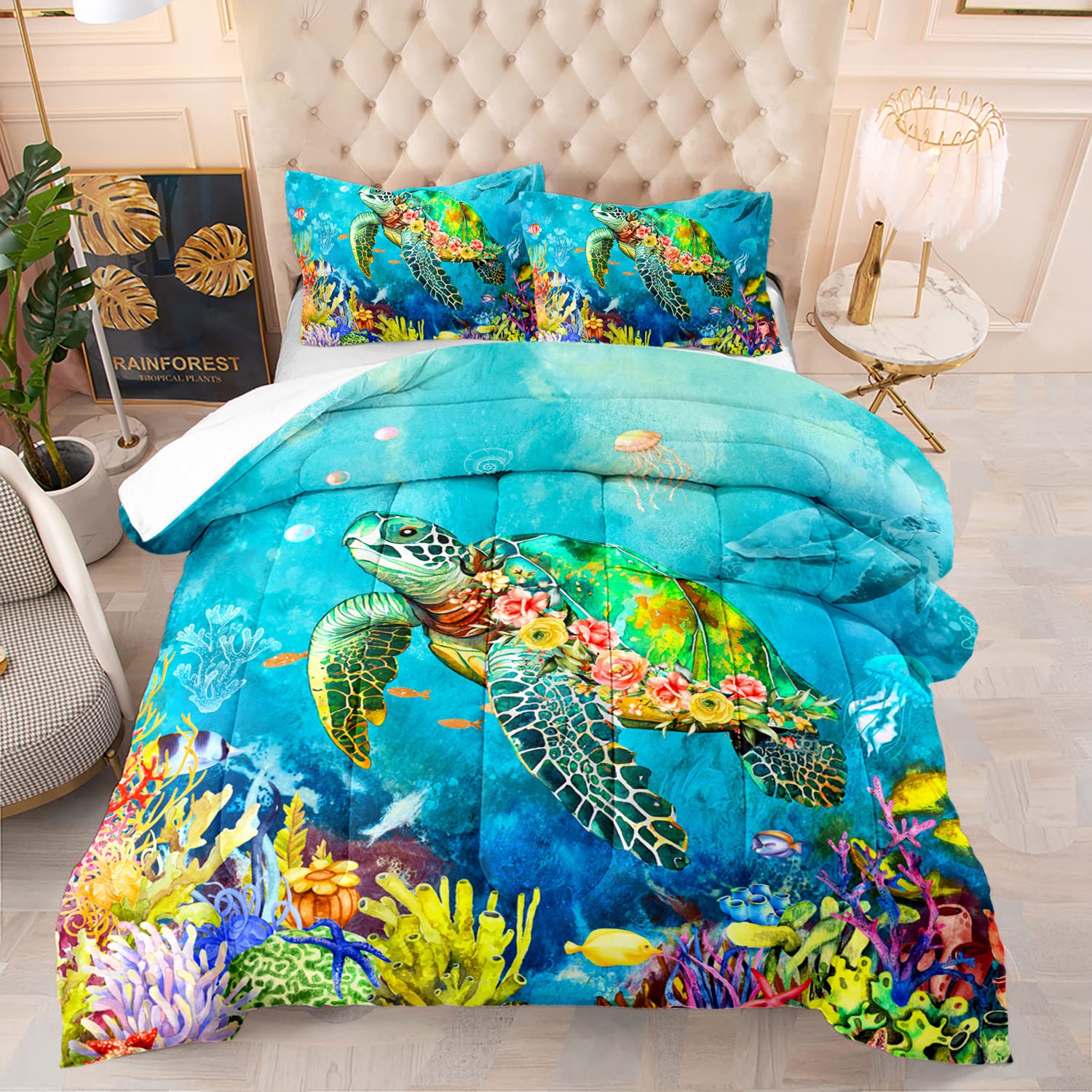 XYNHML Kids Turtle Rose Comforter Set Twin Beach Theme Jellyfish Starfish Bedding Set Sea Animal Reptile Bed Set with 2 Pillowcases for Boys Girls Room Decor
