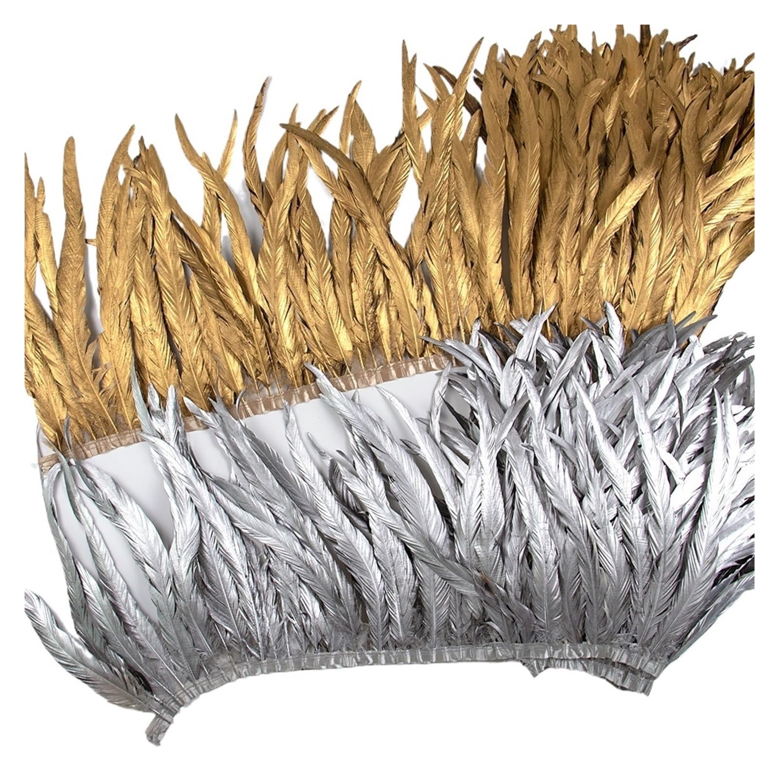 Plumes de coq dorées/argentées, 1 mètre, garniture de queue, 25-40CM, Plumes de poulet, ruban à franges for travaux d'aiguille, décoration de couture de vêtements(Golden,35-40CM)