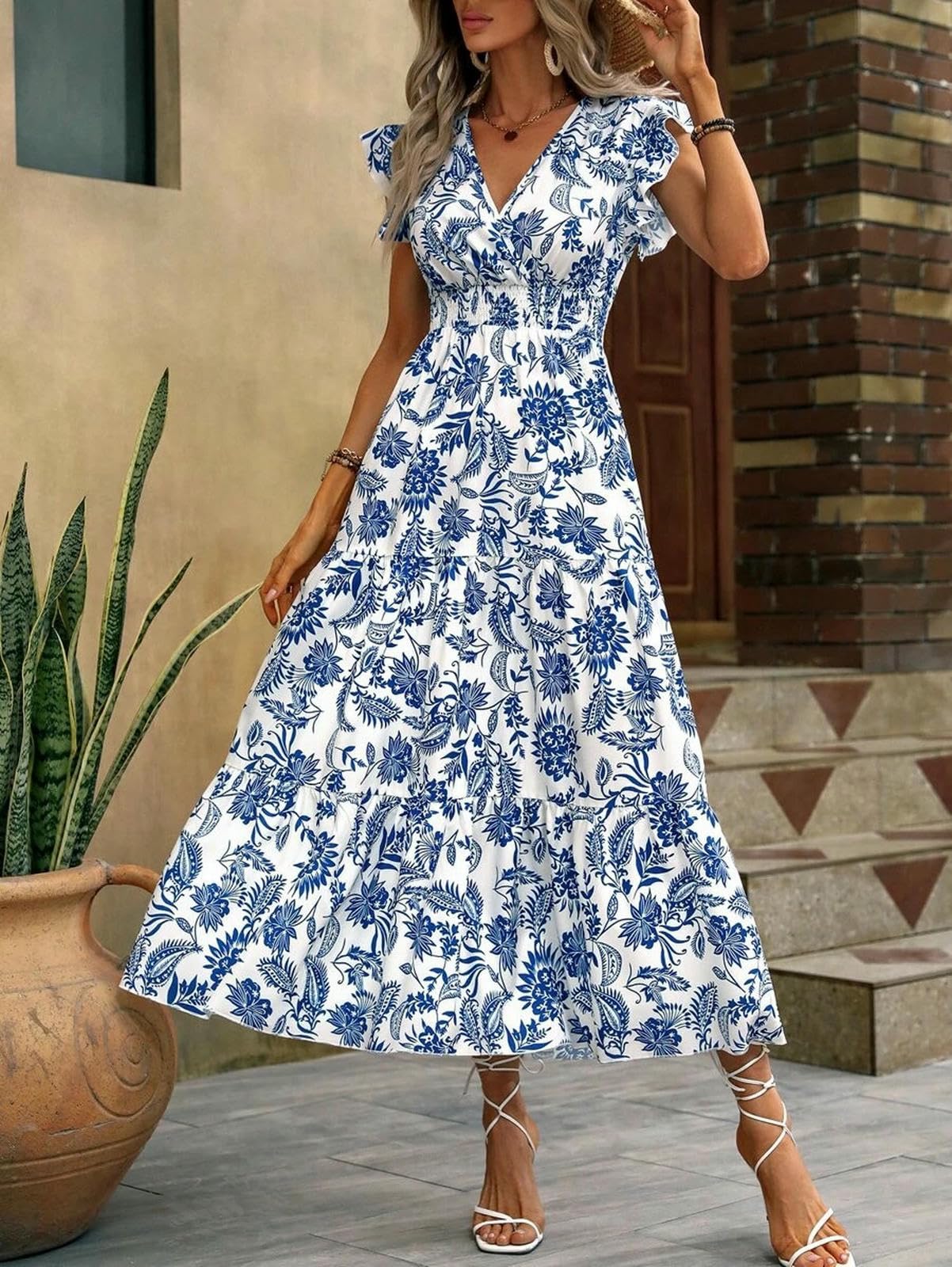 Damska długa spódnica Codzienna sukienka Plus Size Bohemian Krótki rękaw Długi Lato Plaża-Jasnoniebieski-XXL