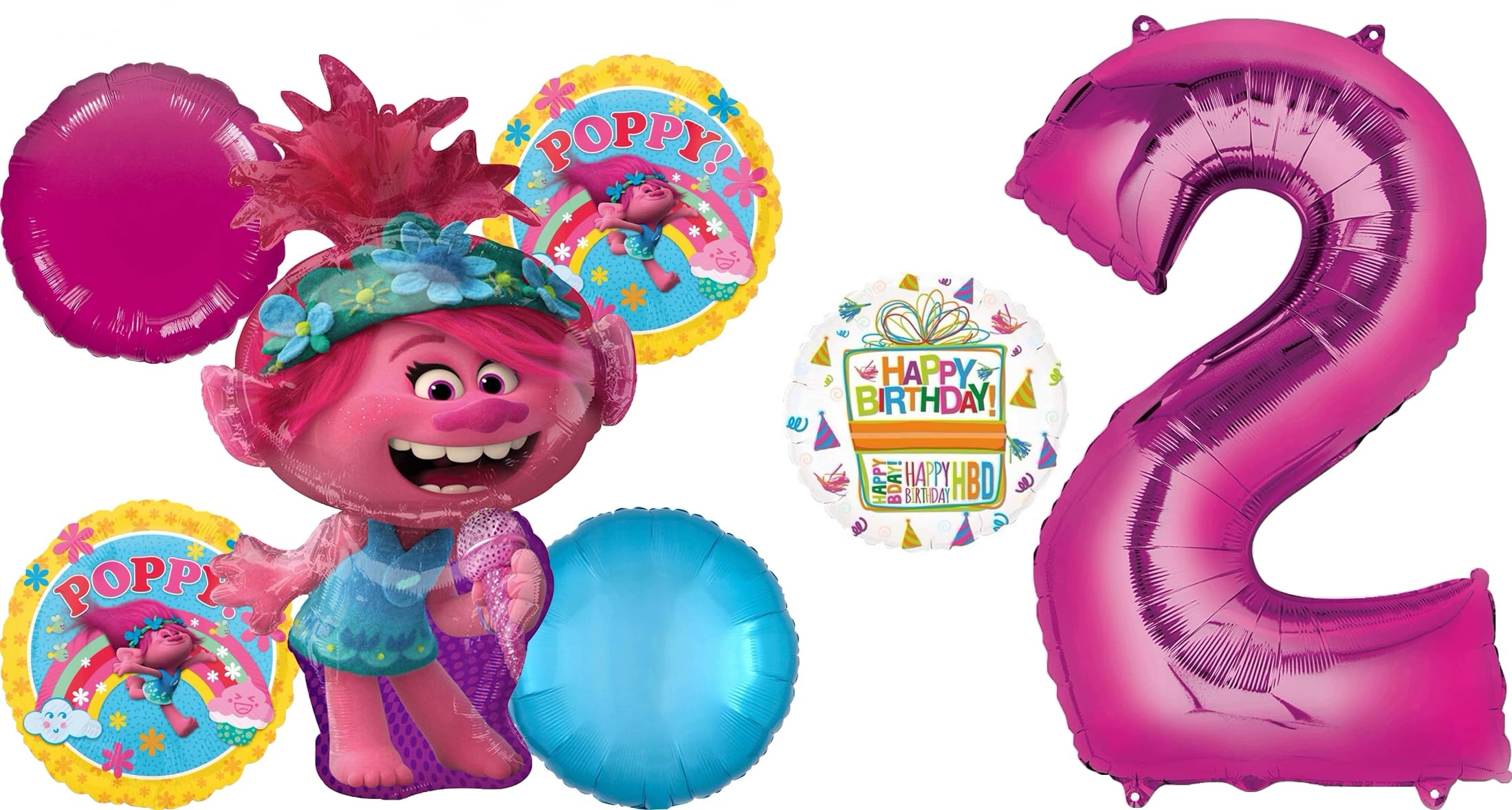 Poppy World Tour 2nd Birthday Party Supplies Trolls 7pc Balloon Bouquet Decorations