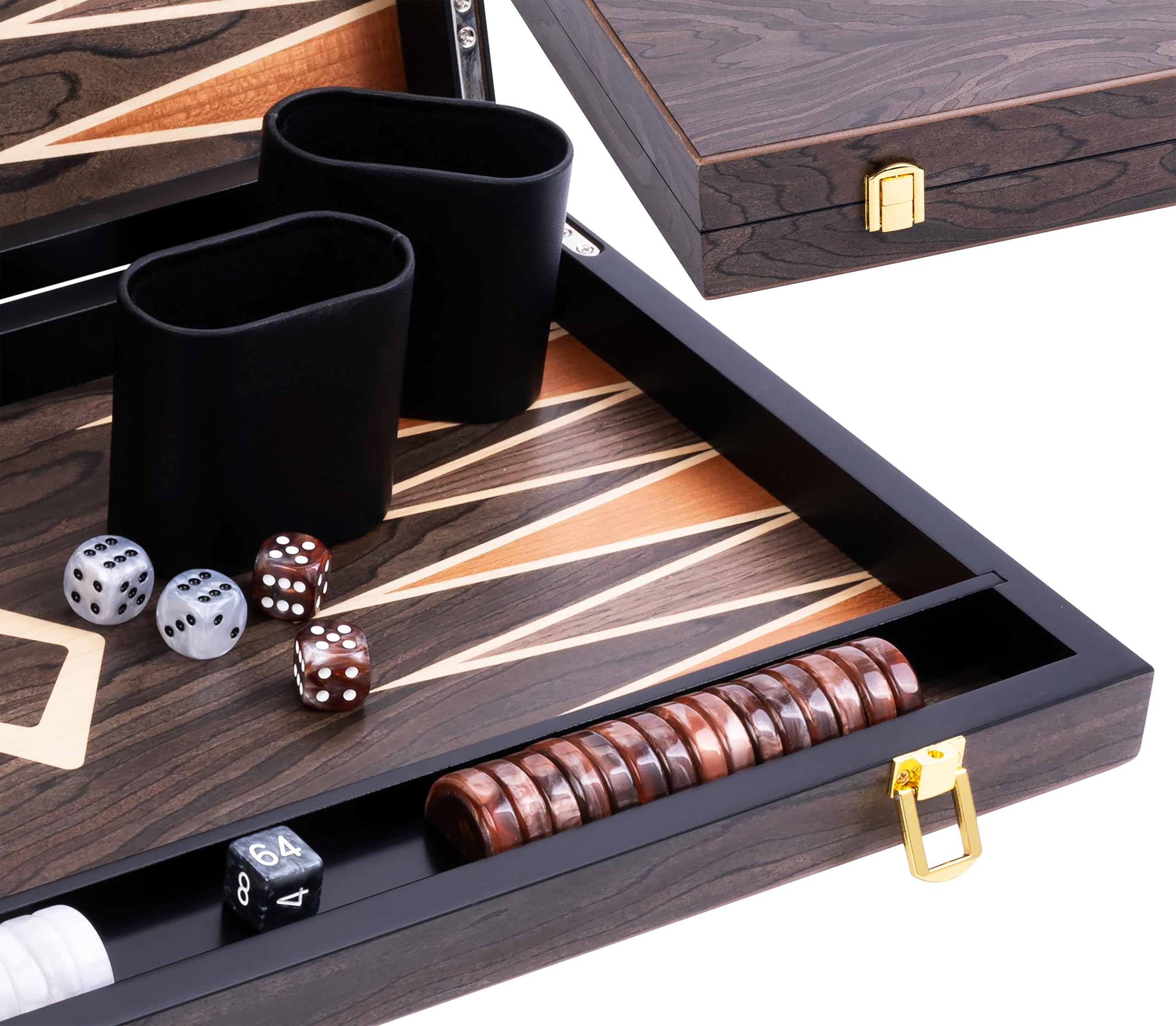 Engelhart - 250547 - Juego de Backgammon de Lujo 18” con Chapa de Nogal barnizada, Cierre metálico, Dados y fichas nacaradas, Vasos de Madera, 2 Jugadores, Reglas Incluidas, Desde 6 años