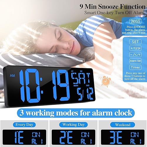 Miniatura 9 de Reloj de Pared Digital Grande con Control Remoto, Pantalla LED Grande de 17.2" con Temporizador, Temperatura, Fecha, Semana, DST Automático, Brillo