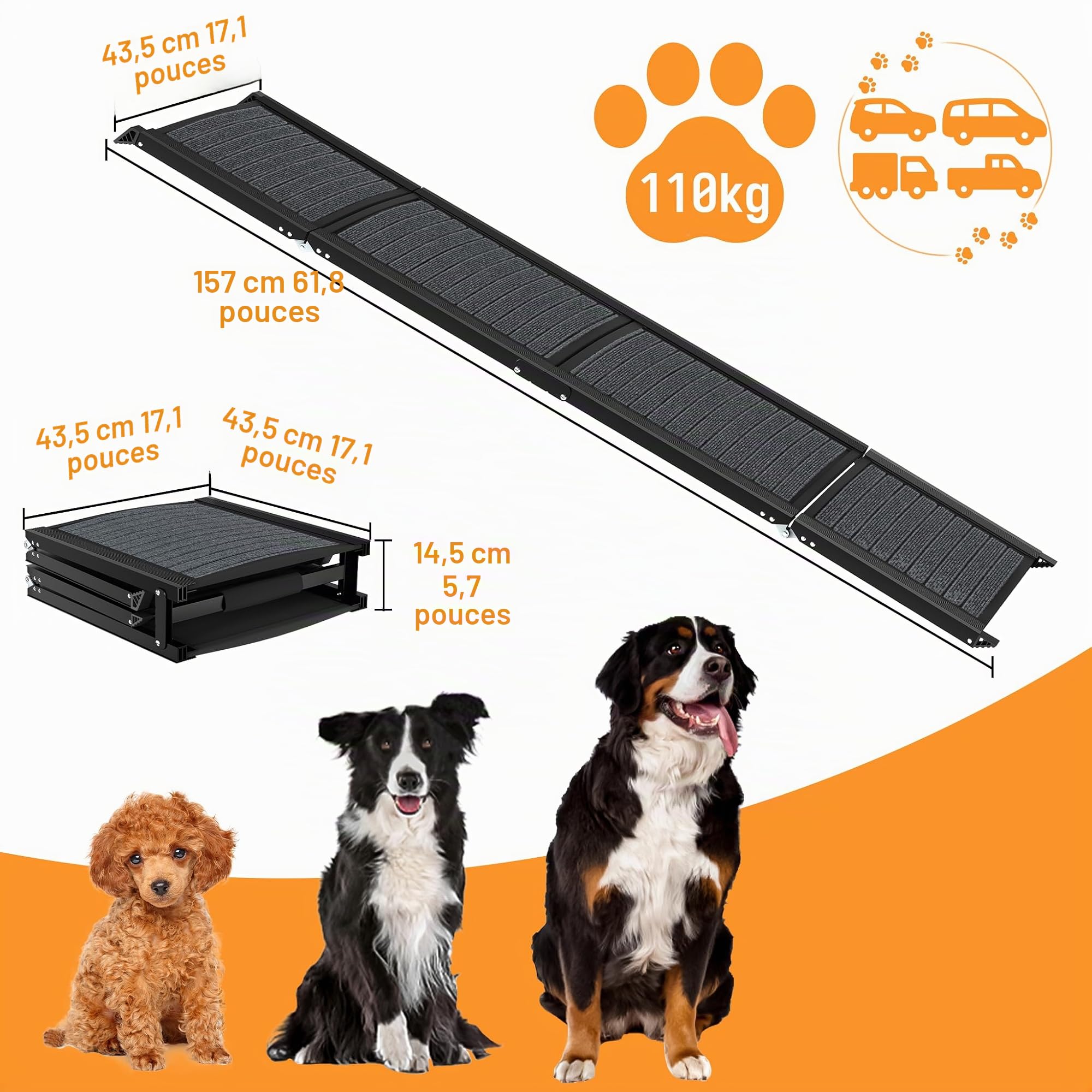 Rampe pliable pour chien en aluminium 157 x 43 cm antidérapante jusqu'à 110 kg pour voitures et SUV
