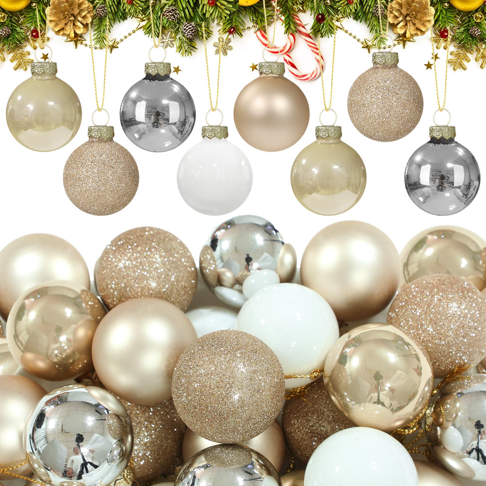 Soulchen 25 mini esferas de Navidad de cristal de 1.57 pulgadas, esferas neutrales para árbol de Navidad, modernas y pequeñas con purpurina, colgante elegante para suministros de fiesta de vacaciones