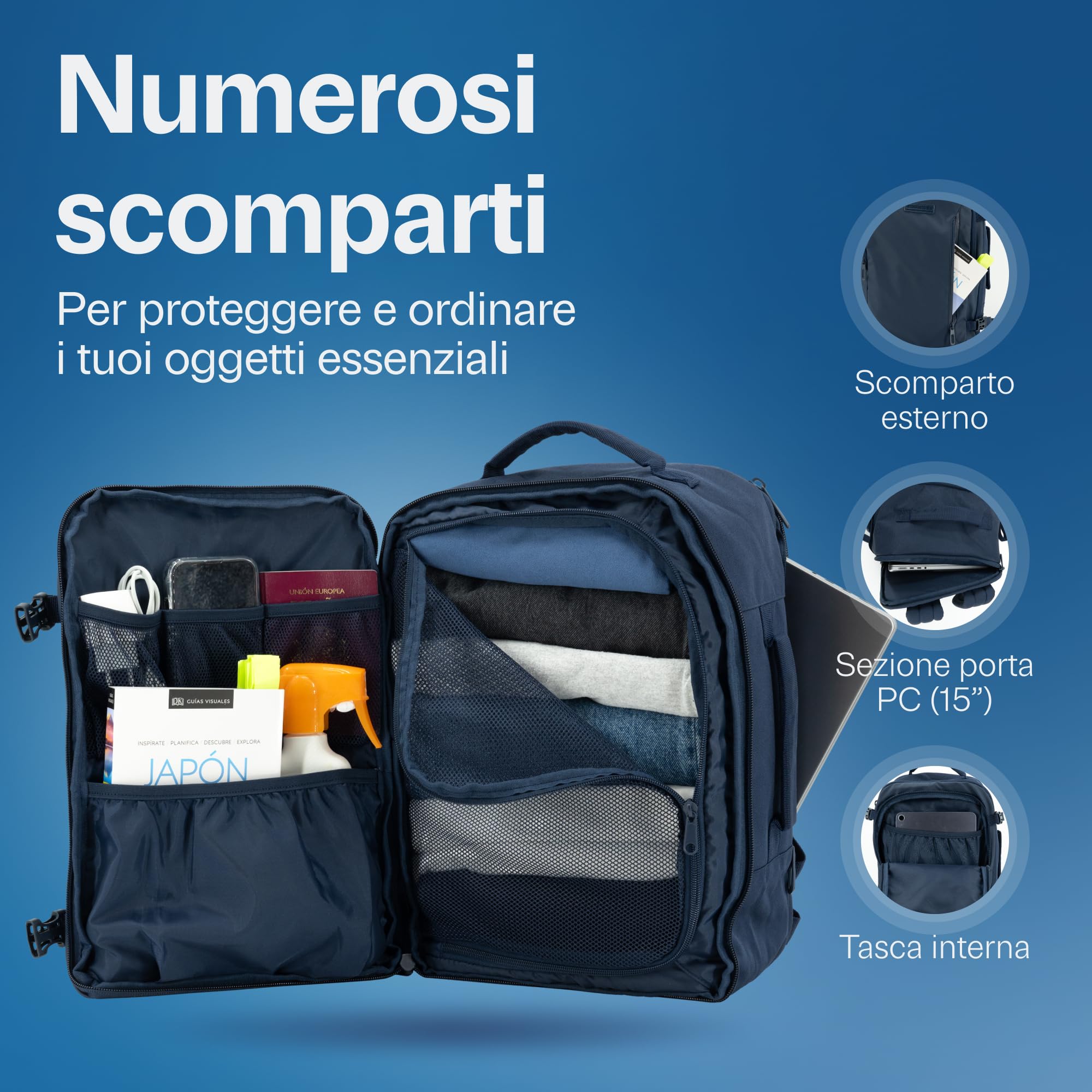 Zaino Bagaglio A Mano 40x20x25 Ryanair, Zaino Borsa 20L Voli Low Cost Easyjet - Blu Navy