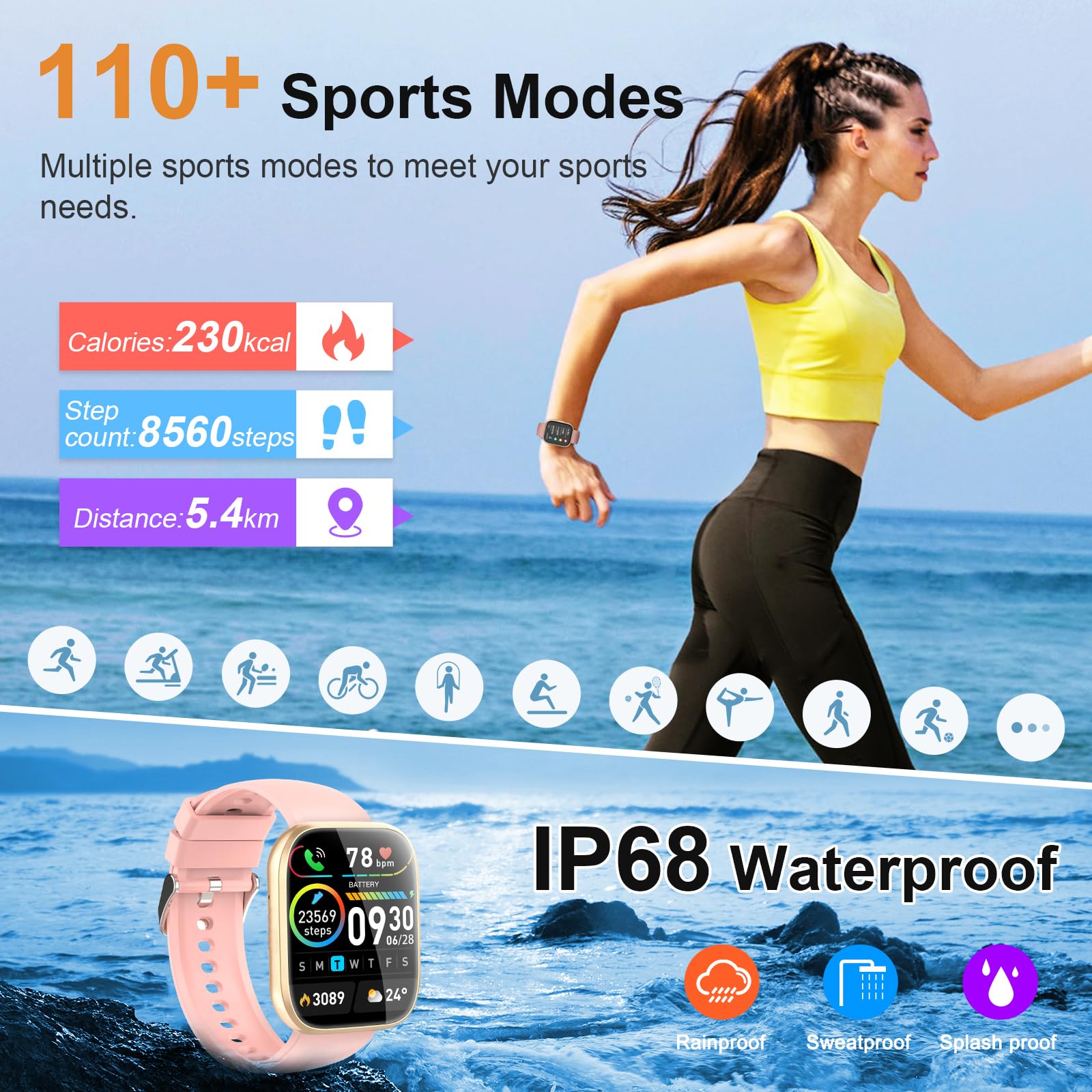 Smartwatch Uomo Donna, 1.85" Orologio Smartwatch Rispondi/Effettua Chiamate, 112 Sportivo, Impermeabil IP68 Sportivo Watch con Sonno/Cardiofrequenzimetro, Fitness Smart watch per Android iOS, rosa