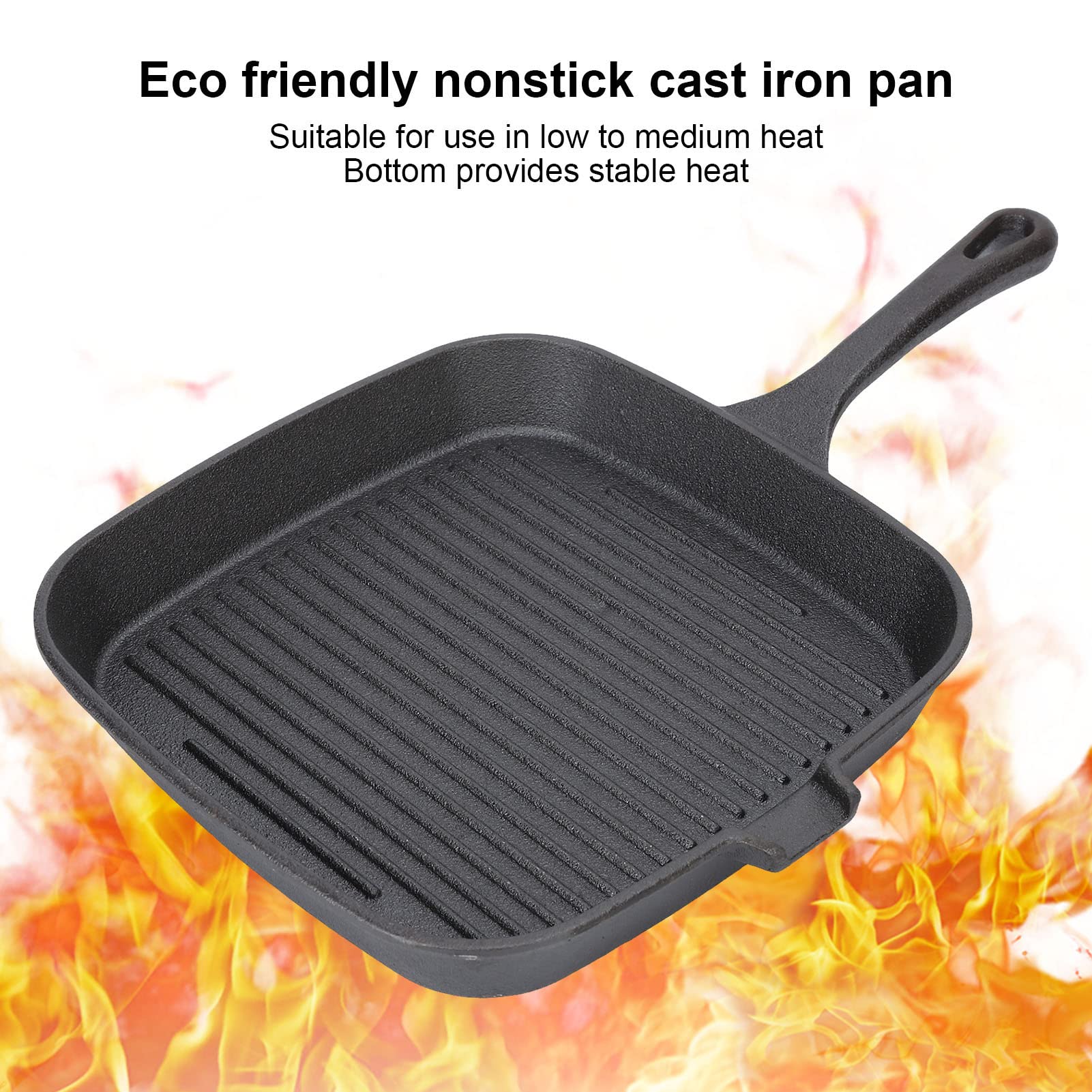 Akozon Padella per Griglia - Padella in Ghisa Antiaderente con Manico Resistente Al Calore Rapida Conduzione del Calore - Ideale per Friggere Bistecche, Pancetta e Verdure Nella di Casa (22 cm)