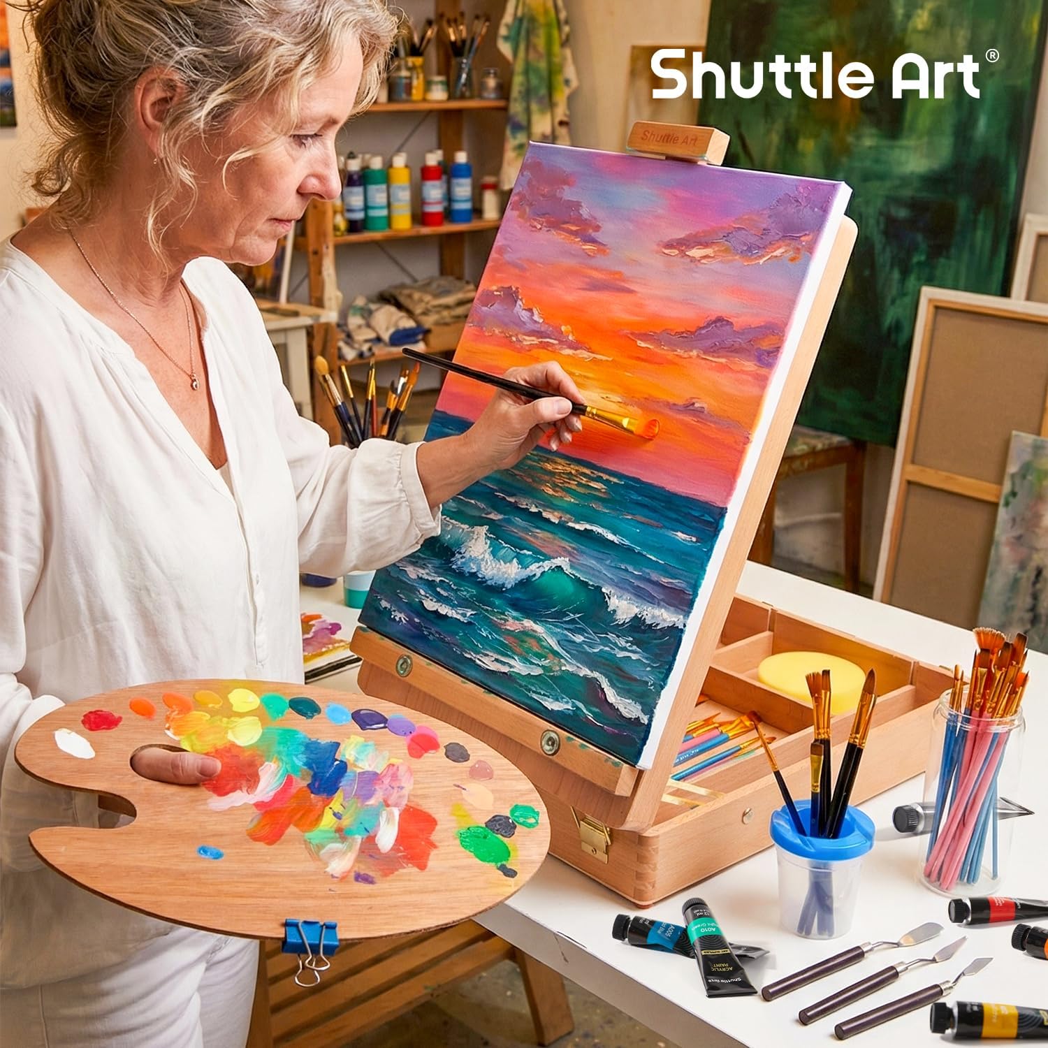 Shuttle Art 168 Piezas Kit Pintura, Maletin Pintura de Lujo con Caballete de Aluminio y Madera, 102 Pinturas Mixtas, Lienzo, Pinceles, Juego Pinturas para Niños, Adultos, Artistas