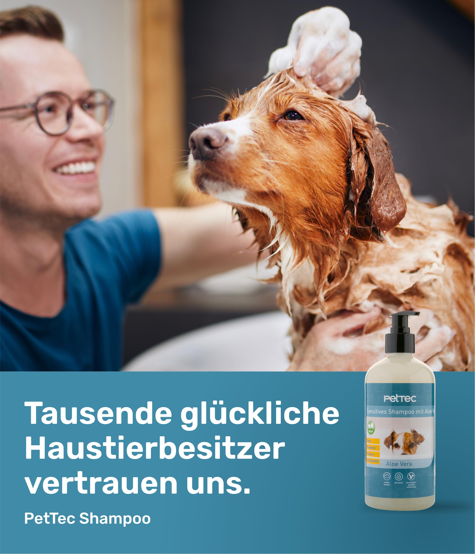 PetTec - Szampon dla psów wrażliwy z aloesem 500 ml butelka z pompką - neutralny pH (7) i natłuszczający szampon dla wszystkich ras psów - pielęgnacja sierści psa bez parabenów, silikonu i substancji