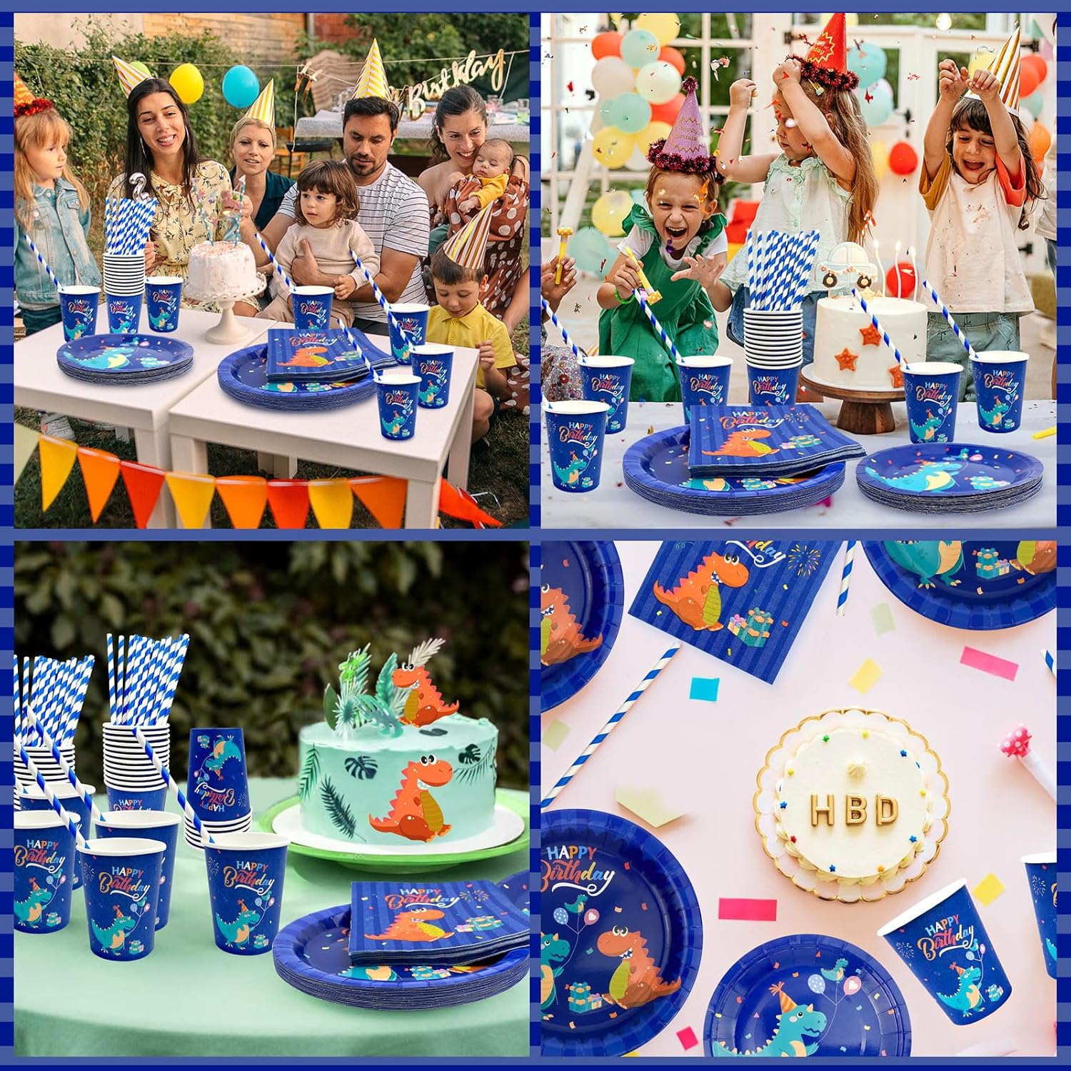 MIG4U 120PCS Dinosaur Plates for Birthday Party Decorations, 24 Dinosaur Paper Plates and Napkins Sets with Cups & Straws for Boy and Girl, Dino Kids Party Supplies Blue