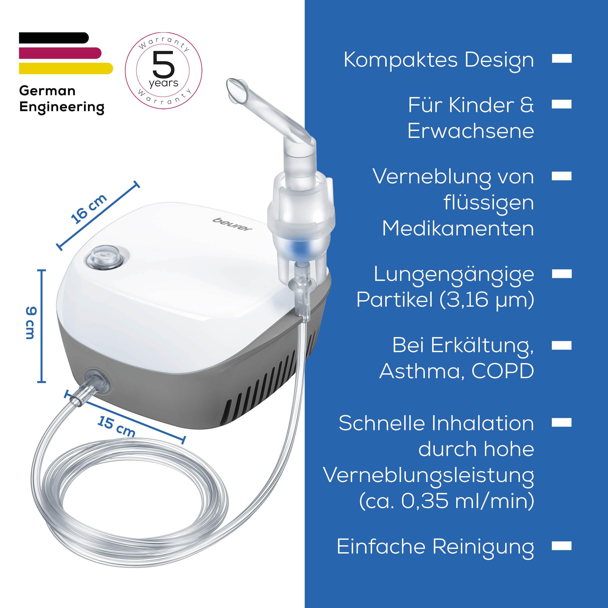 Beurer IH 18 Inhalator, Inhalationsgerät bei Erkältungen und Atemwegserkrankungen wie Asthma und COPD, zur Verneblung von Medikamenten, Vernebler für Erwachsene und Kinder, Design in weiß, kompakt