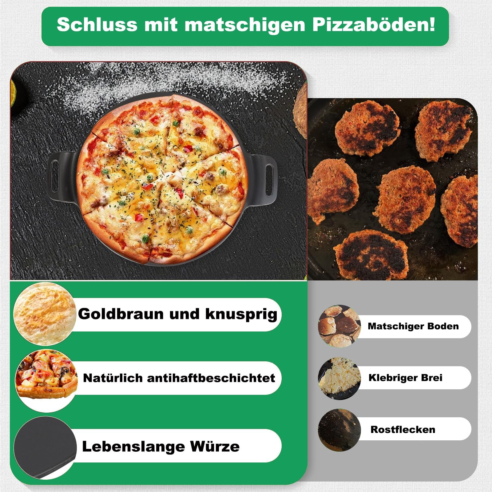 WELL GRILL Pizzastein mit Halter für Backofen, Gasgrills und Holzkohle, Gusseisen Grillplatte BBQ Pfanne Pizza Stein für Crepe, Tortilla, Pizzapfanne (Ø38 cm)