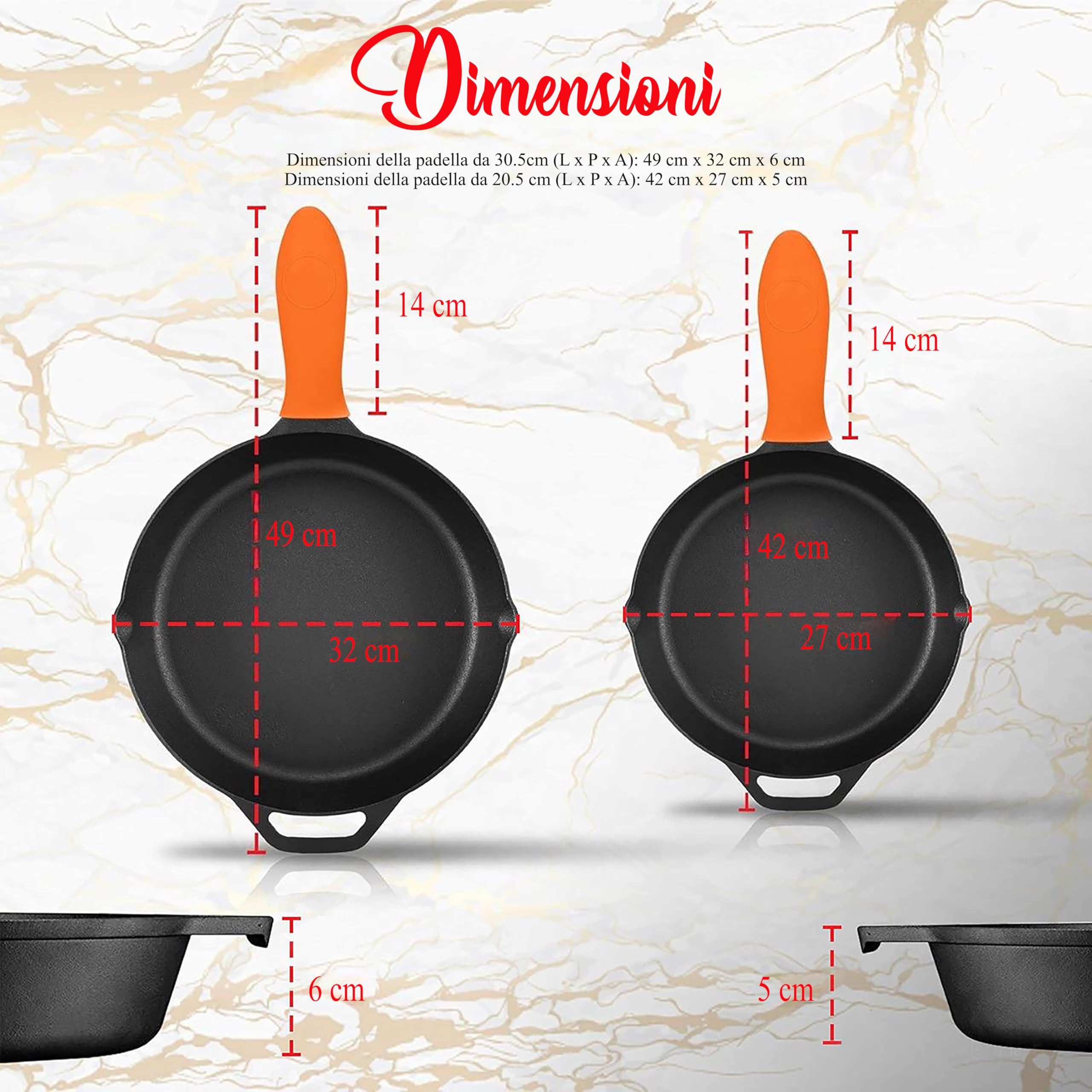 NutriChef Padelle in Ghisa Pre-Condite 25 e 30 Centimetri, Antiaderenti, Manico in Silicone Anti-Scottatura, per Forno, Griglia e Tutti i Piani Cottura