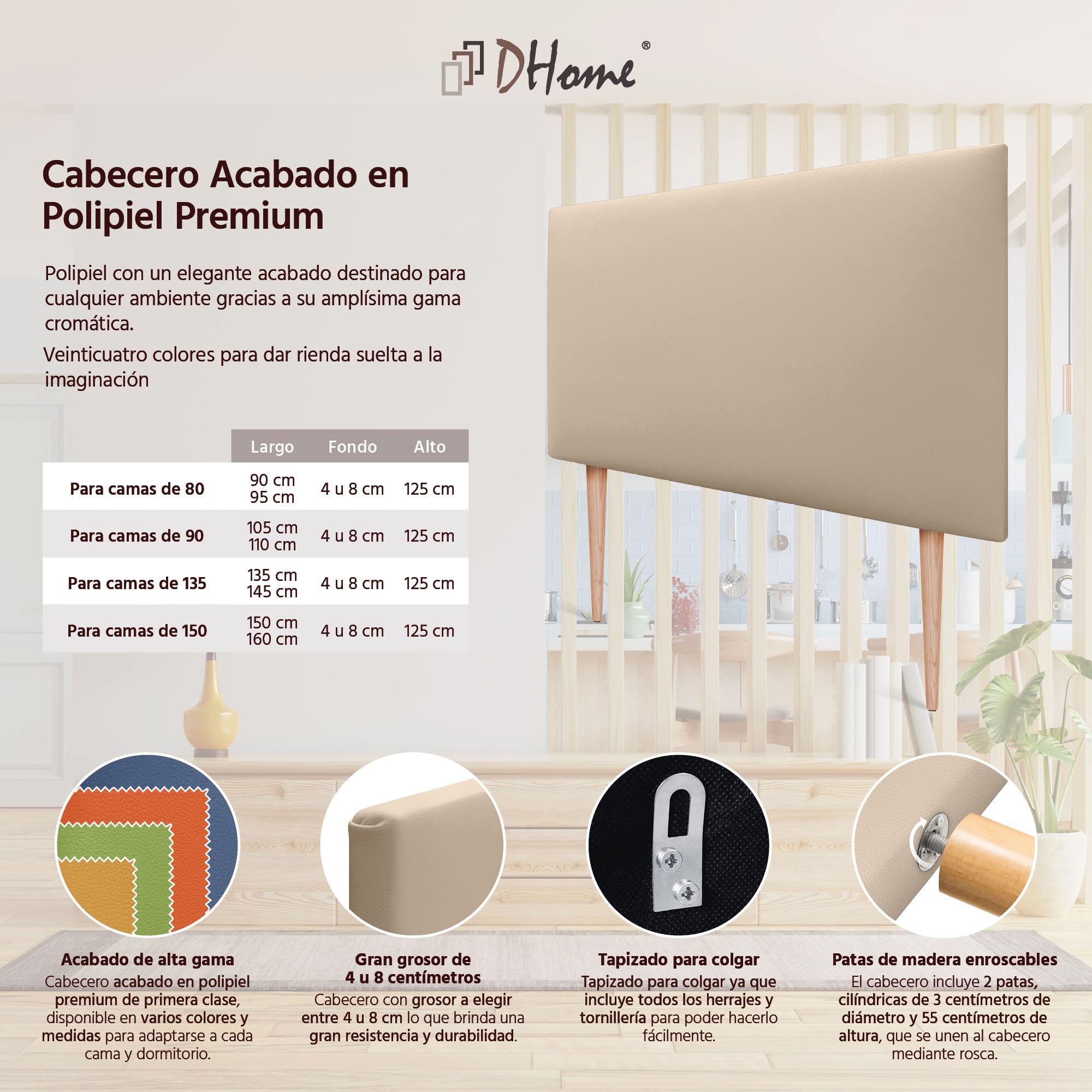 DHOME Cabecero Tapizado Liso de Polipiel con Patas Altura 70CM Grosor 4cm y 8cm para Pared Acústicos Cabeceros Cabezal Absorbentes Cama Dormitorio (Polipiel Beige, 90cm, Grosor 4cm)