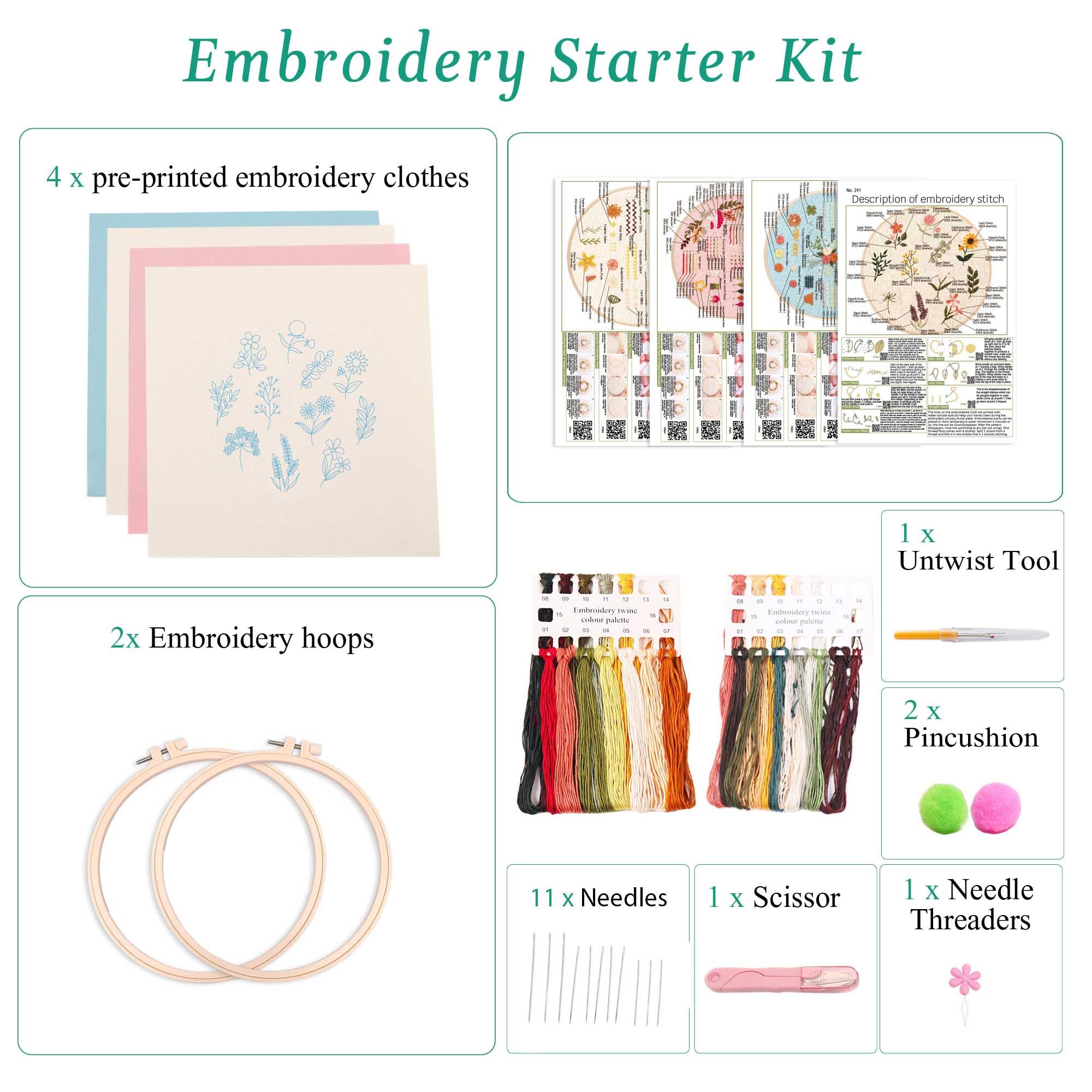 Harimau 4P Beginner Embroidery Kit,Natural Landscape Pattern,Cross Stitch Kits, Including Stamped Embroidery Cloth with 2 Embroidery Hoops, Multicolor Color Threads for Embroidery Kits