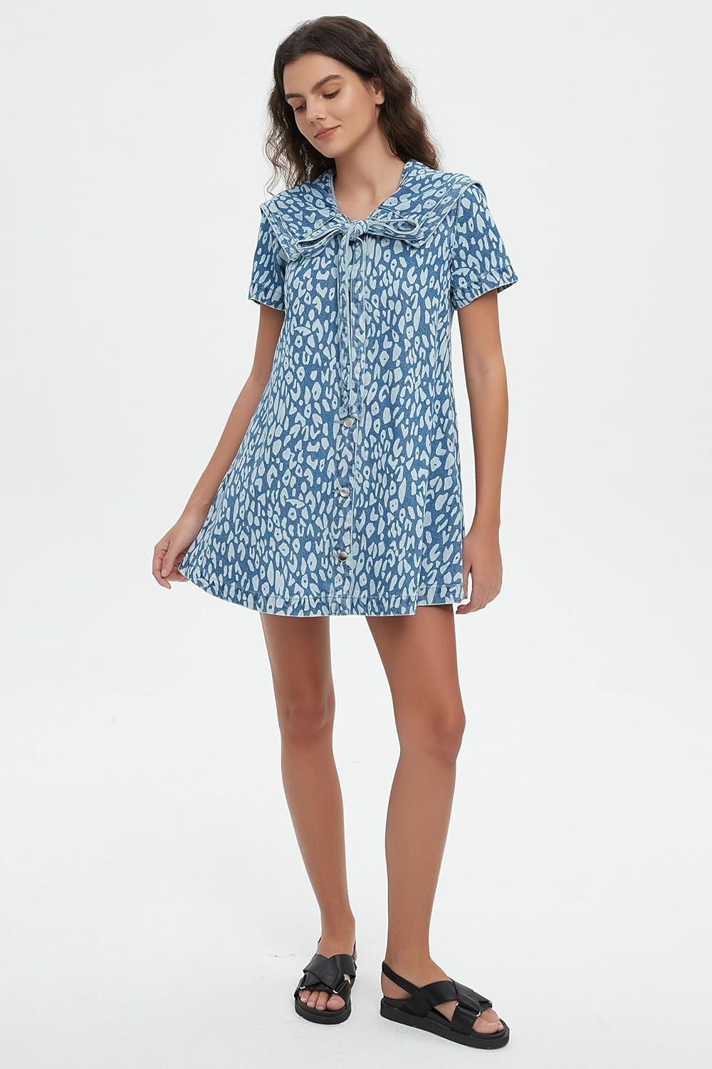 D-Sun Women's Denim Mini Dress Short Sleeves Leopard Print Denim Babydoll Dress Navy Collar A-Line Jean Dresses - Image 6