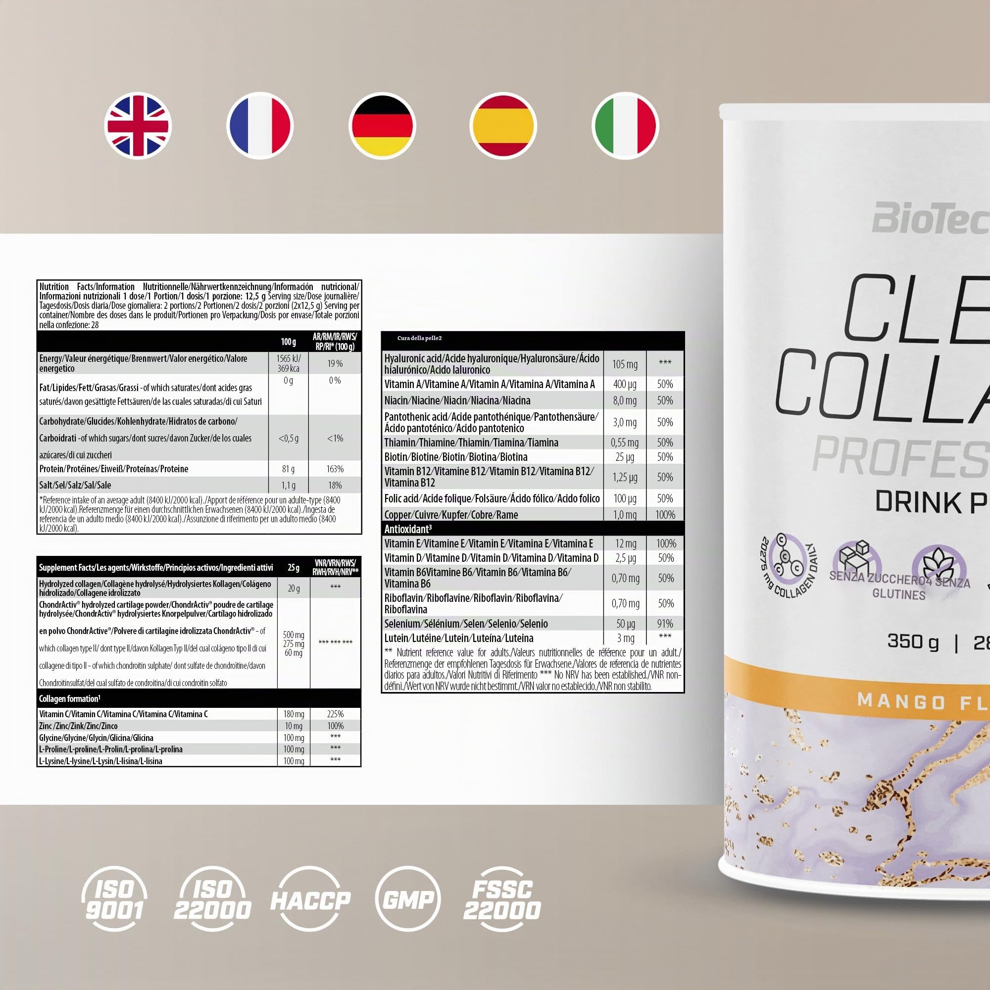 BioTechUSA Clear Collagen Professional | collagene da bere | Vitamina C per la normale formazione di collagene | con biotina e zinco | dissetante | 350 g, Mango