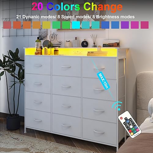 Miniatura 4 de Cómoda Blanca con Luces LED y Estación de Carga para Dormitorio, 12 Cajones, Cómodas y Cajoneras, Cómodas Altas para Pasillo, Entrada, Closets, Sala
