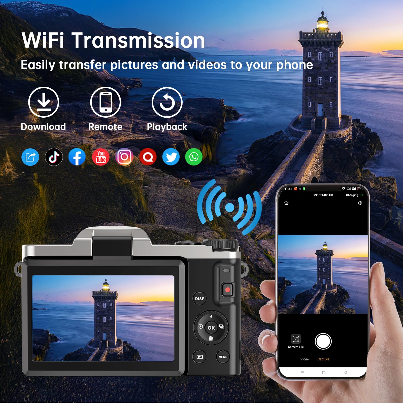 Digitalkamera, 4K 64MP Autofokus Kamera Fotokamera Mit WLAN, 3" 180° Klappbarer Bildschirm Digital Kamera mit 32GB Karte, Ladestation, 2 Akkus Fotoapparat Kompaktkamera für Anfänger Teenager -Schwarz
