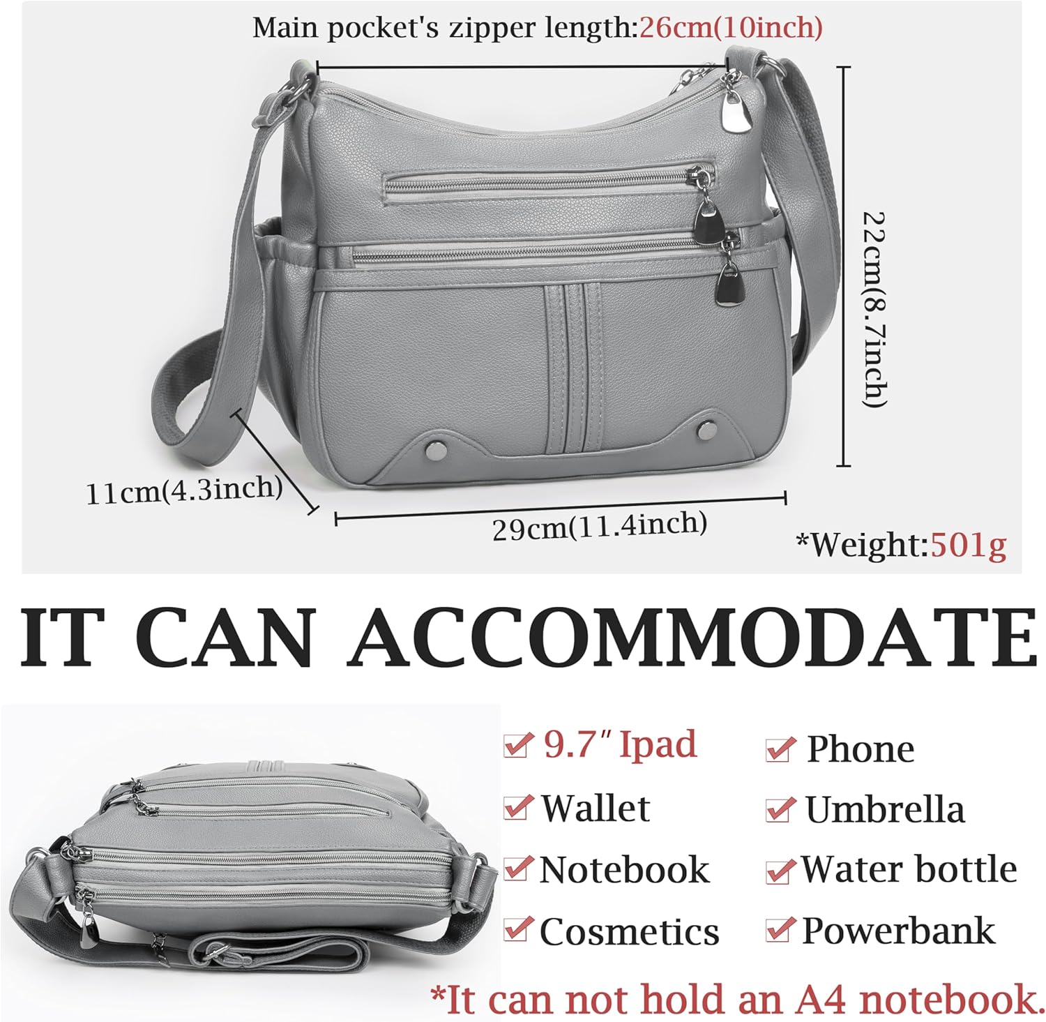 Women Soft PU Leather Shoulder Handbag Multi Pocket Crossbody Bag Ladies Medium Roomy Purses Fashion Tote Top Handle Satchel (Grey)