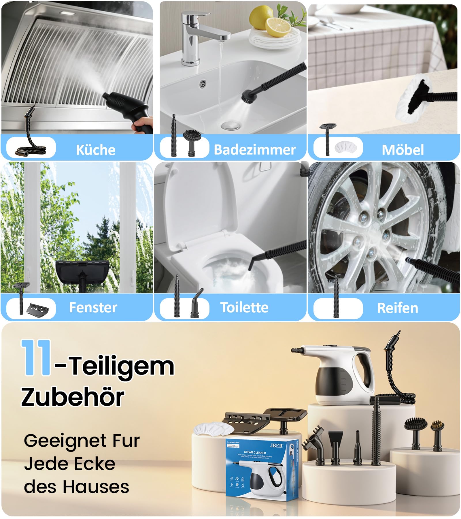JBER Dampfreiniger Handgerät 1200W für Heim, 3 Sek.Aufheizzeit, 400ML Tank | Vielseitiger Dampfreiniger mit 3 Dampfstufen, 11 Zubehör,110℃ Handdampfreiniger mit 4,8m Netzkabel für Küche, Bad, Fenster