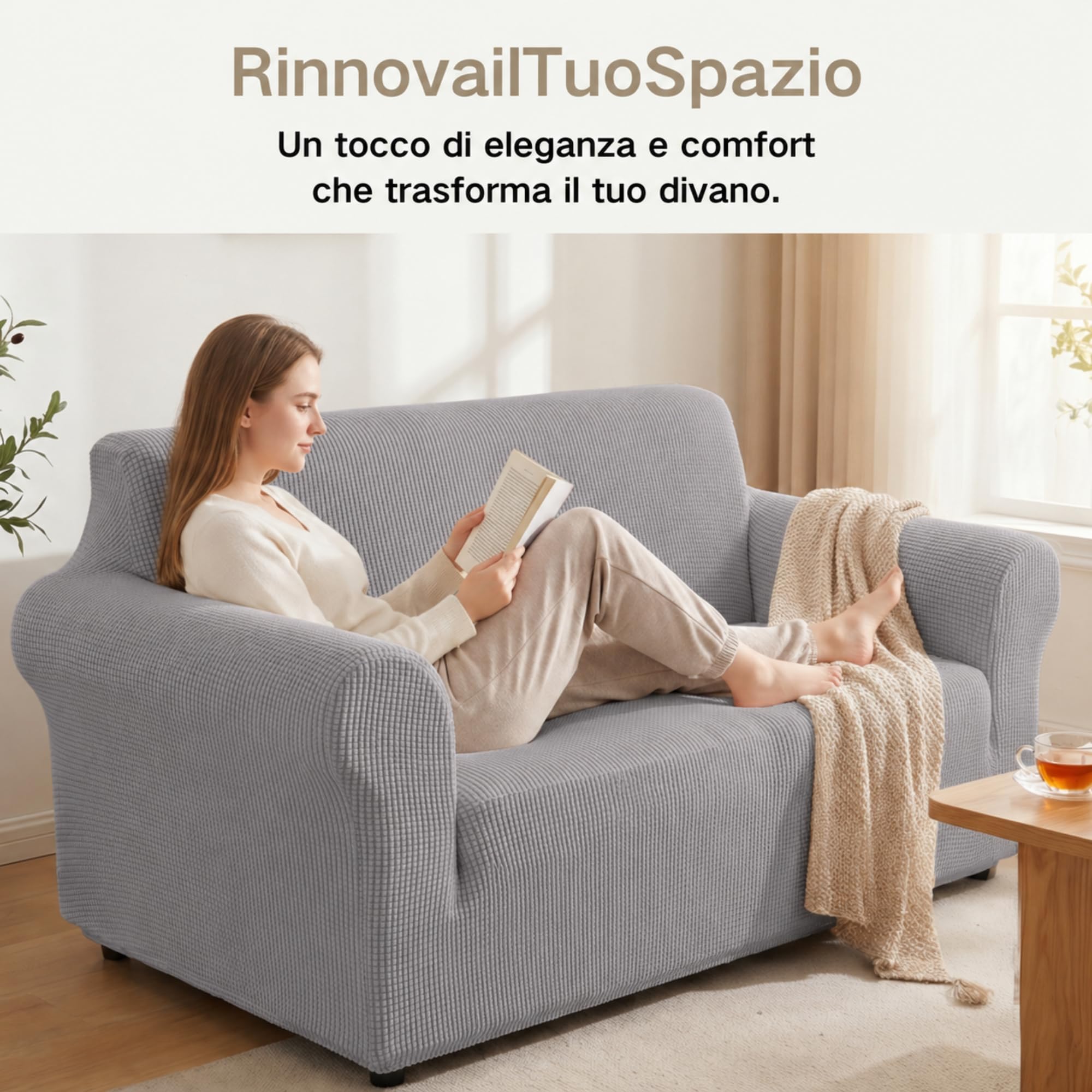 VKZ Copridivano Protettivo Universale 2 Posti grigio chiaro, Elastico ed Estensibile, Antimacchia e Lavabile in Lavatrice, Copridivano per Divani