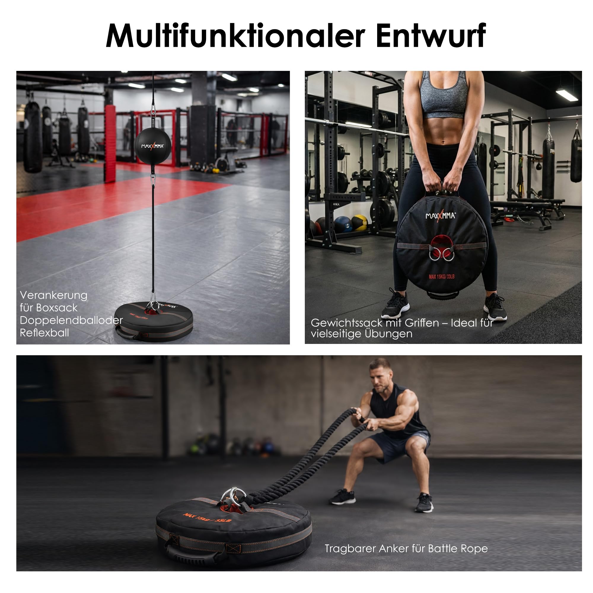 MaxxMMA Doppelendball-Anker (ungefüllt) – Verankerung für Boxsack, Reflexball & Battle Rope – Multifunktionaler Gewichtssack bis 15kg mit Griffen für Krafttraining und Functional Fitness