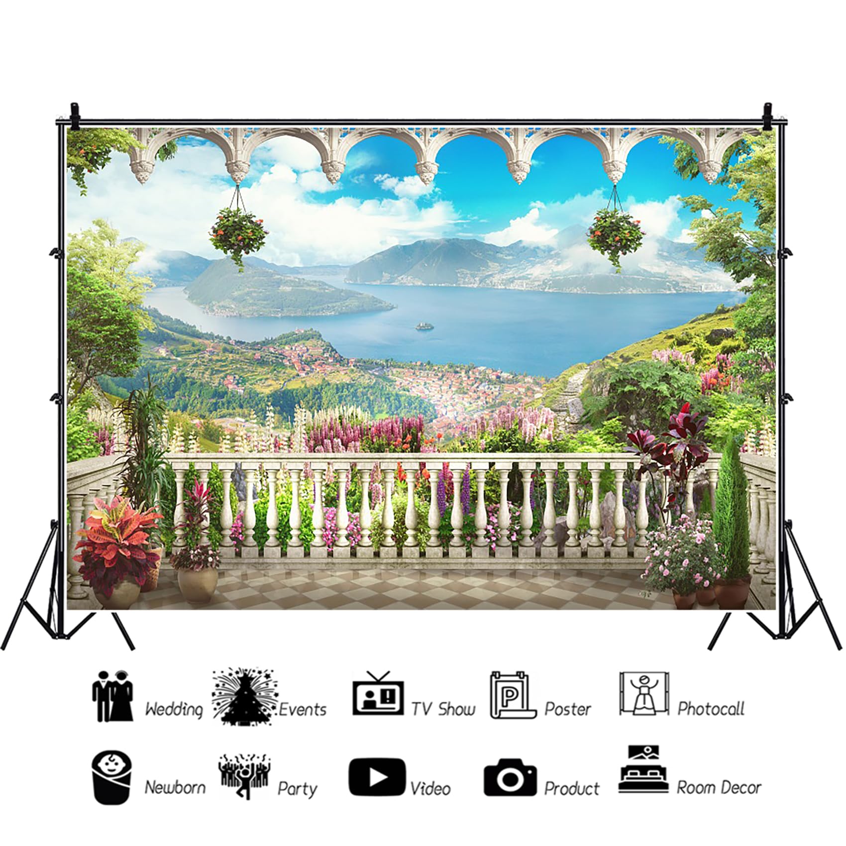 Balkon tło 3,7 x 2,4 m winyl romantyczny pałac balkon ogród natura krajobraz fotografia tło góry morze niebieskie niebo europejski styl pawilon tło do portretu sesji zdjęciowej studio