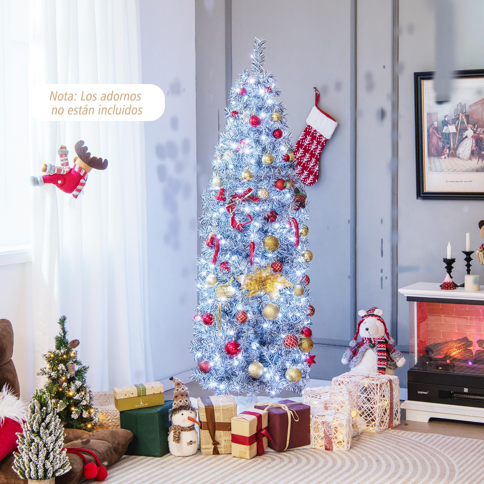 COSTWAY Árbol de Navidad Blanco y Negro 180cm, Arbol de Navidad Slim/Estrecho con Luces Incorporadas, 250 Luces Blancas Frías, 475 Ramas de PVC y Pet, Arvore de Natal Soporte de Metal Casa/Oficina
