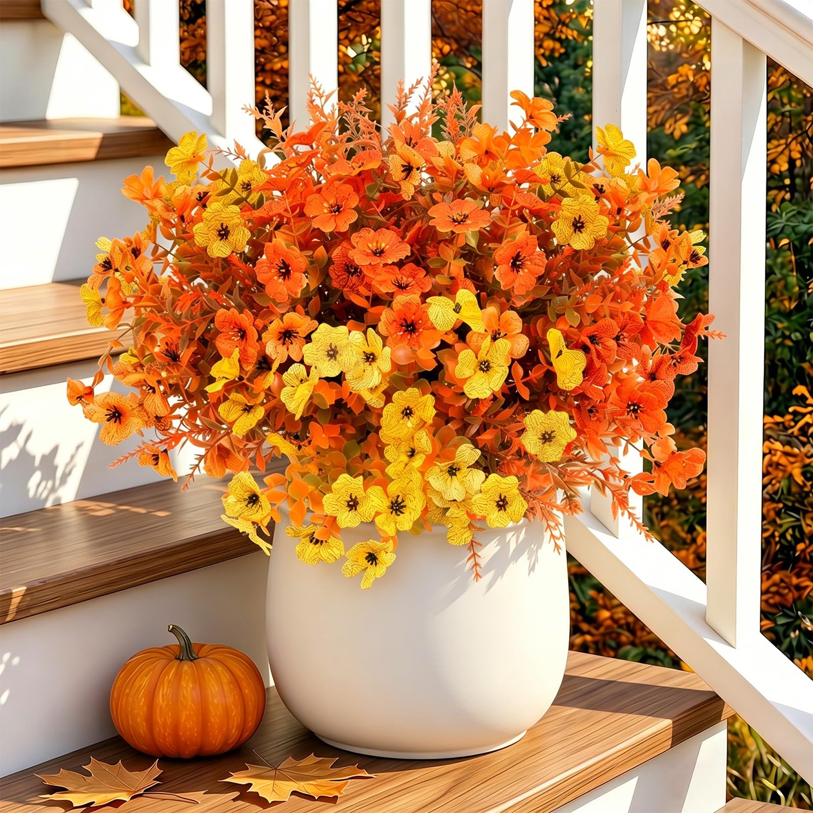 Famibay 9pcs Autumn Artificial Flowers Outdoor UV Resistant Fall Fake Flowers Plastic Orange Artificial Plants Outdoor for Outside Garden Window Box Home Decor