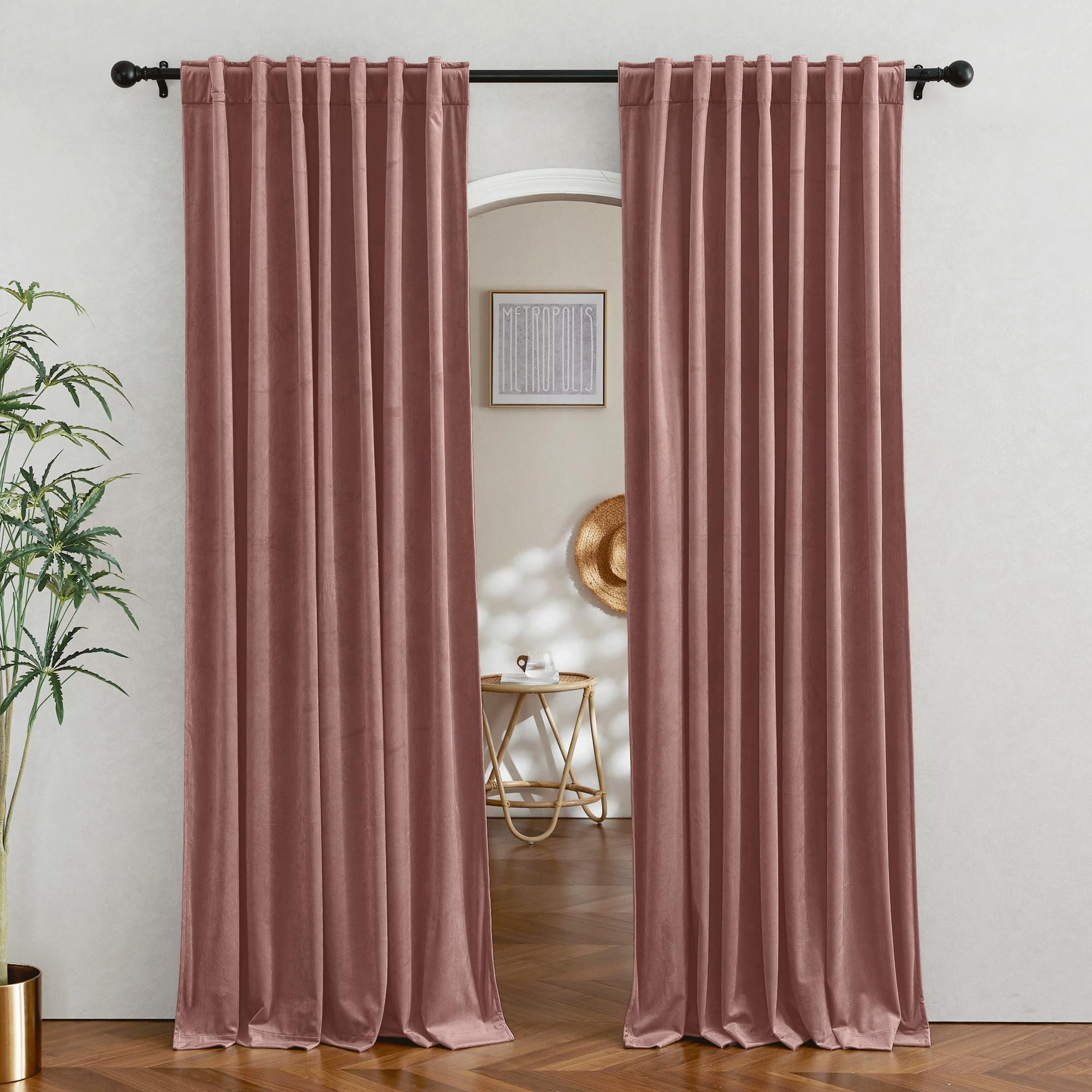 RYB HOME Wild Rose Velvet Blackout Curtains for Girl Bedroom - Room Darkening Privacy Shades as Window Treatment Thermal Curtains for Living Room, W 62 x L 96 inch, 2 Panels