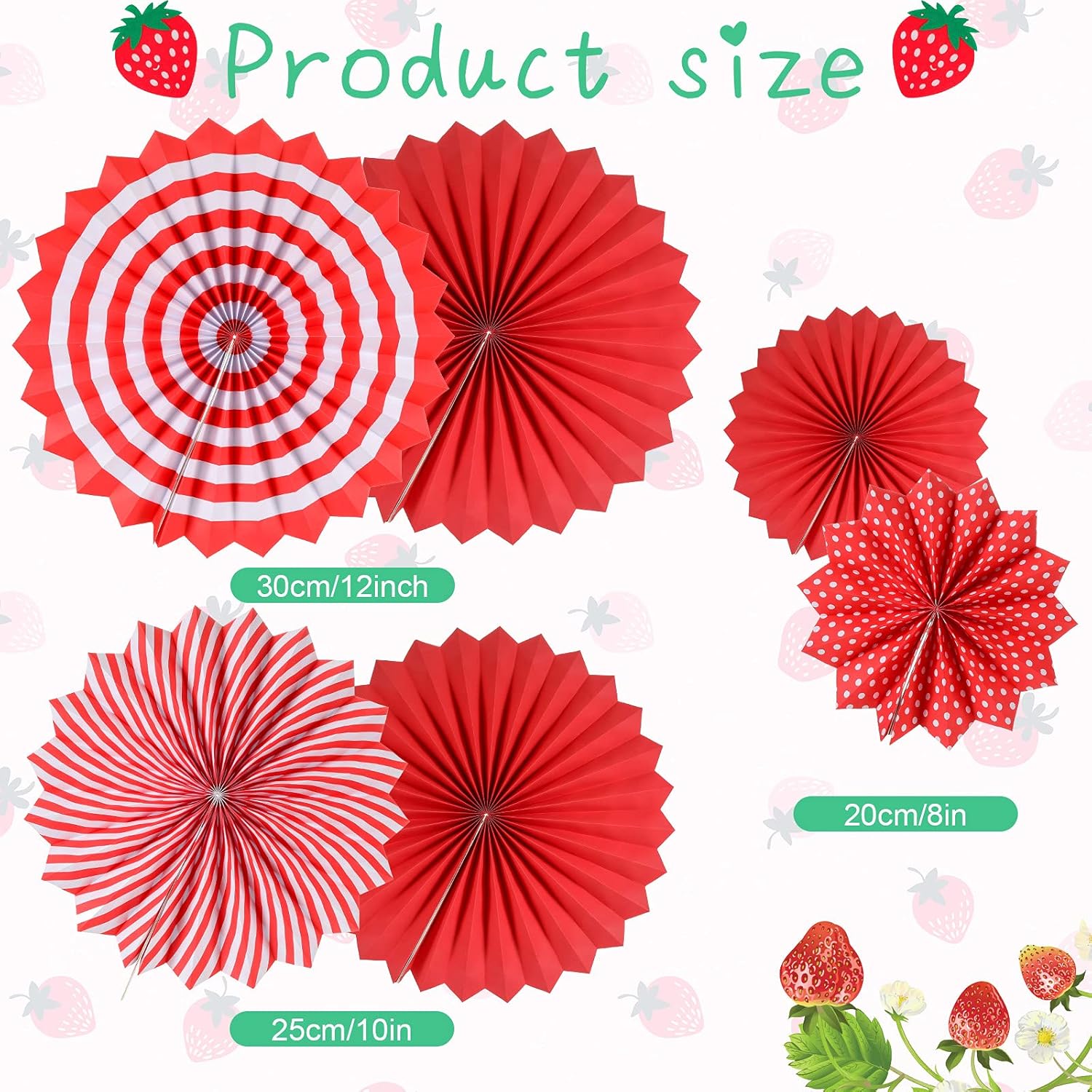 Outus 12 Pcs Strawberry Decor Birthday Party Decorations Supplies Include 5 Strawberry Honeycomb Balls 1 Garland 6 Paper Fans Decor Strawberries Themed Decoration for Baby Shower Party - Image 3