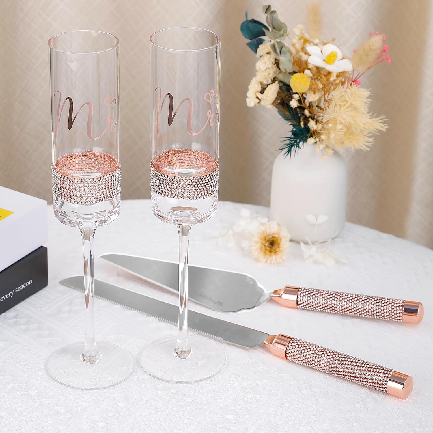 Wedding Cake Knife and Server Set, Mr and Mrs Champagne Flutes for Bride and Groom, Cake Cutting Set for Engagement Bride Shower Gifts
