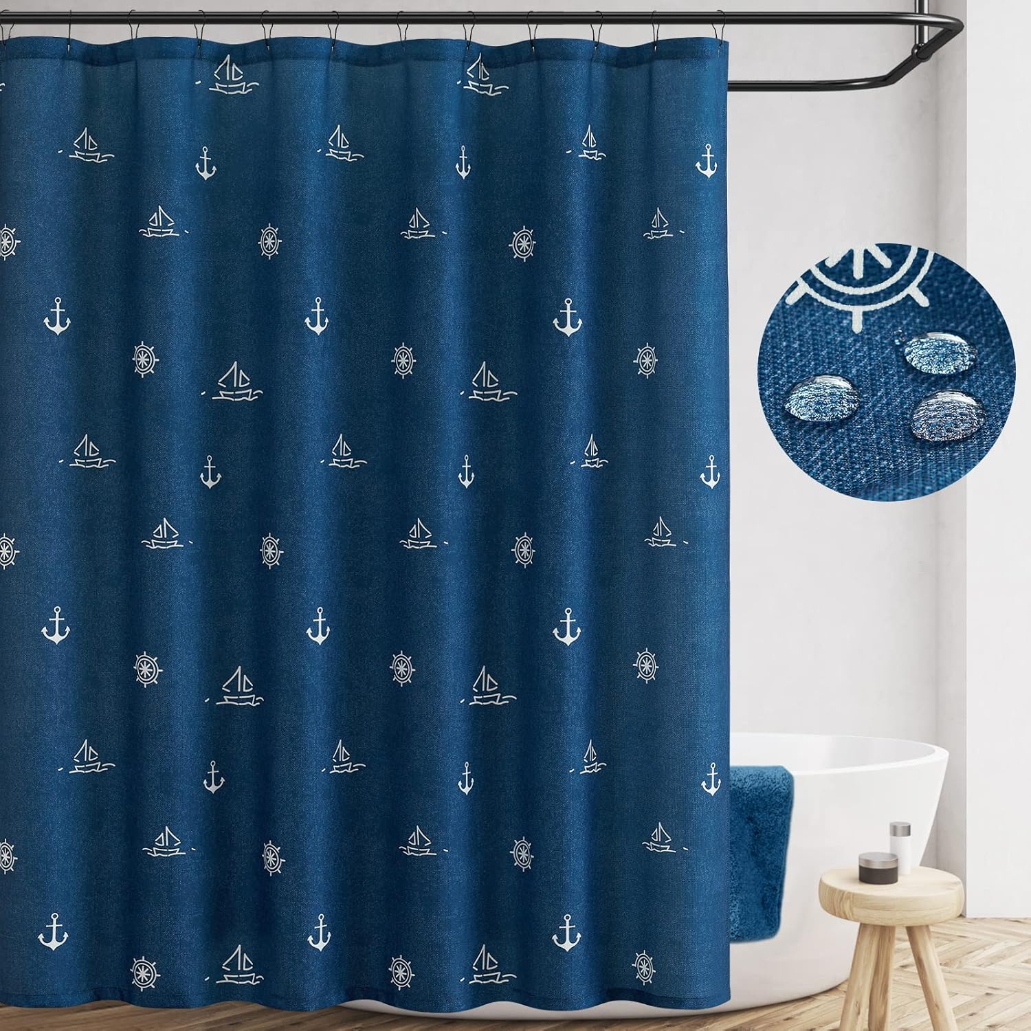 jinchan White and Navy Blue Nautical Shower Curtain Kids