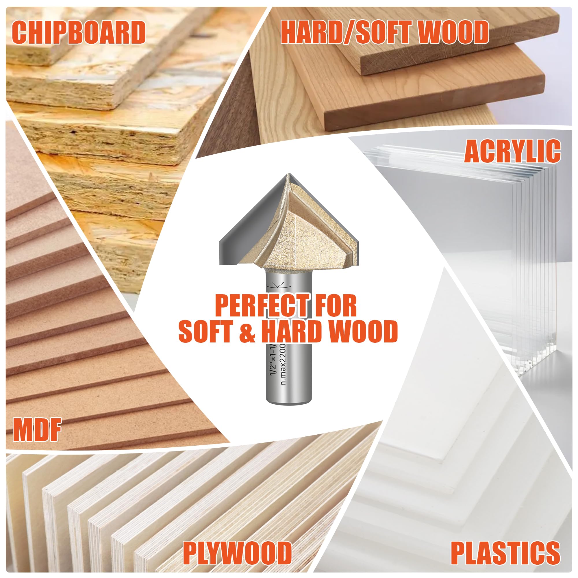 EASEWORK TOOL Punta per fresa a V a 90°, punta in carburo di grado professionale, scanalatura per lavorazione del legno, codolo da 1/2" × diametro 2" × profondità di taglio 1-11/64"