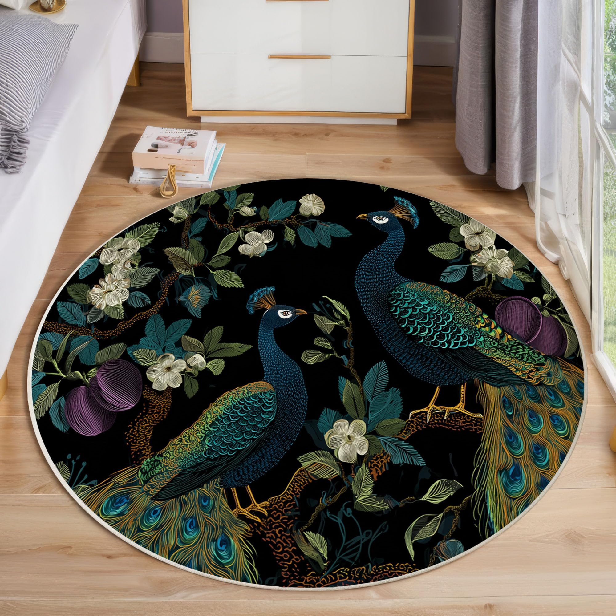 Tapis rond paon bleu marine 200 cm lavable et antidérapant pour salon et salle à manger