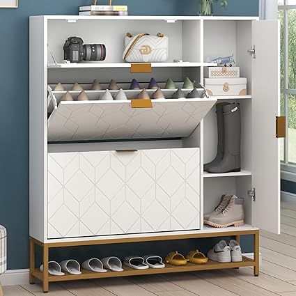 Loomie Shoe Cabinet,Freestanding Tipping Bucket Shoe Rack Organizer with 2 Flip Drawers,Entryway Narrow Shoe Storage with Adjustable Storage Shelf &Top Cubby,Modern Slim Hidden Shoe Cabinet, White