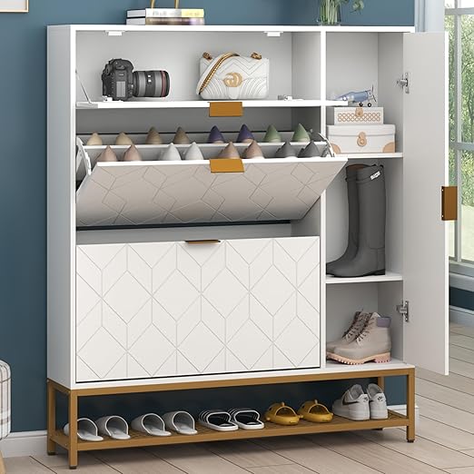 Loomie Shoe Cabinet,Freestanding Tipping Bucket Shoe Rack Organizer with 2 Flip Drawers,Entryway Narrow Shoe Storage with Adjustable Storage Shelf &Top Cubby,Modern Slim Hidden Shoe Cabinet, White