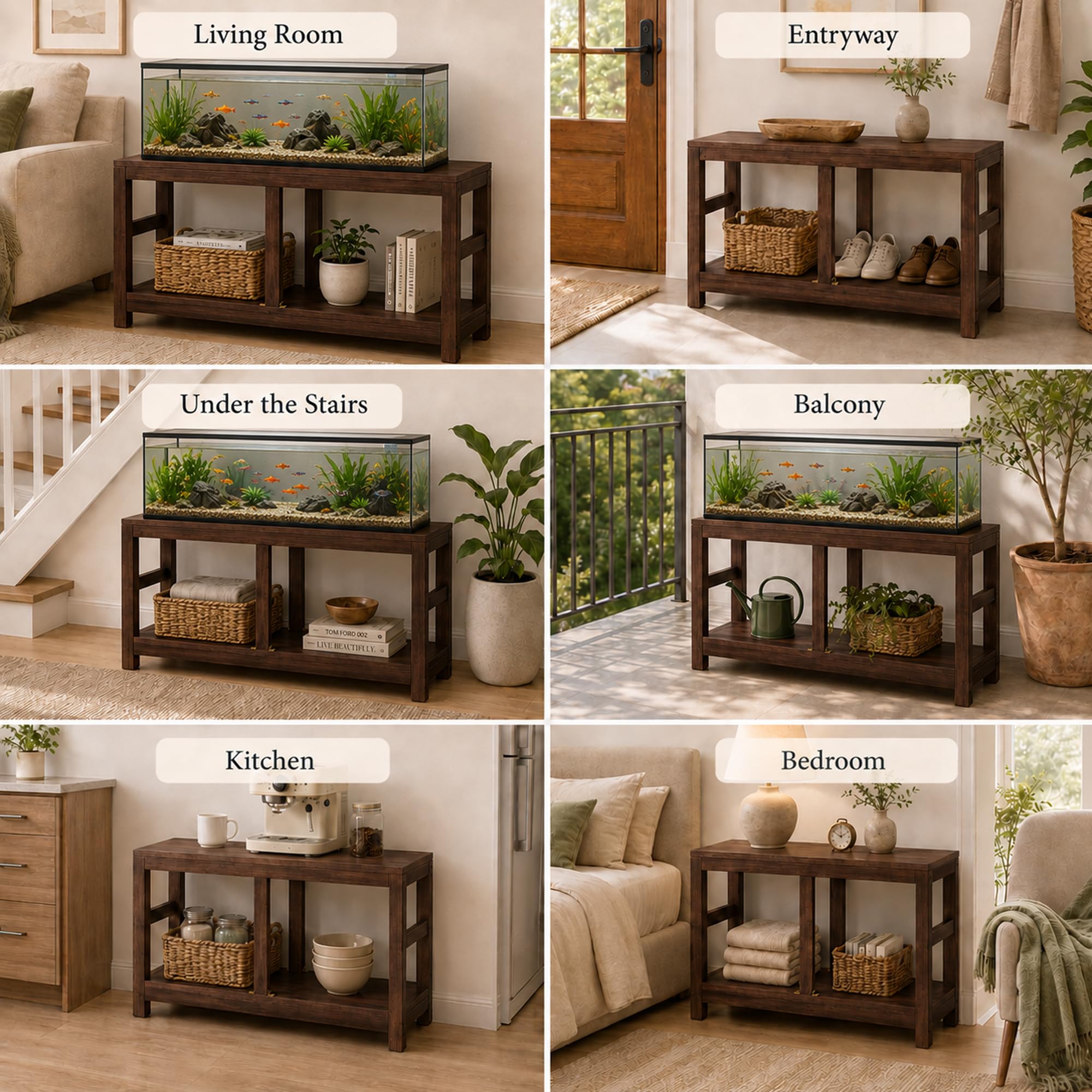 Supporto Acquario 65–130 Galloni con Ripiano, Portata 600 kg, Terrario | Telaio in Pino e Piano Composito per Acquari, Terrari, Rettili, Piante e Portaoggetti(Walnut,100×45 cm / 39.37×17.72 in)