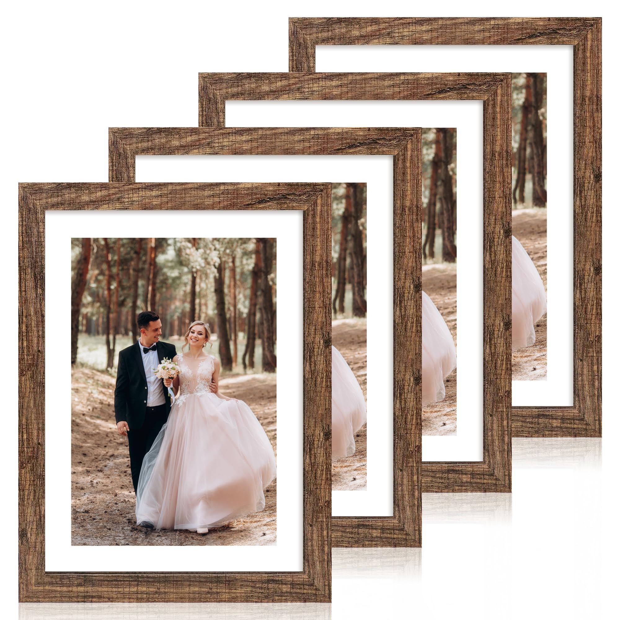 10x14 Picture Frame Set of 4, 10 x 14 Wood Photo Frames with Mat for 8x12 or 30x40cm Diamond Painting Art, Wooden Frame with Real Glass Cover for Wall and Tabletop Display,Rustic Brown