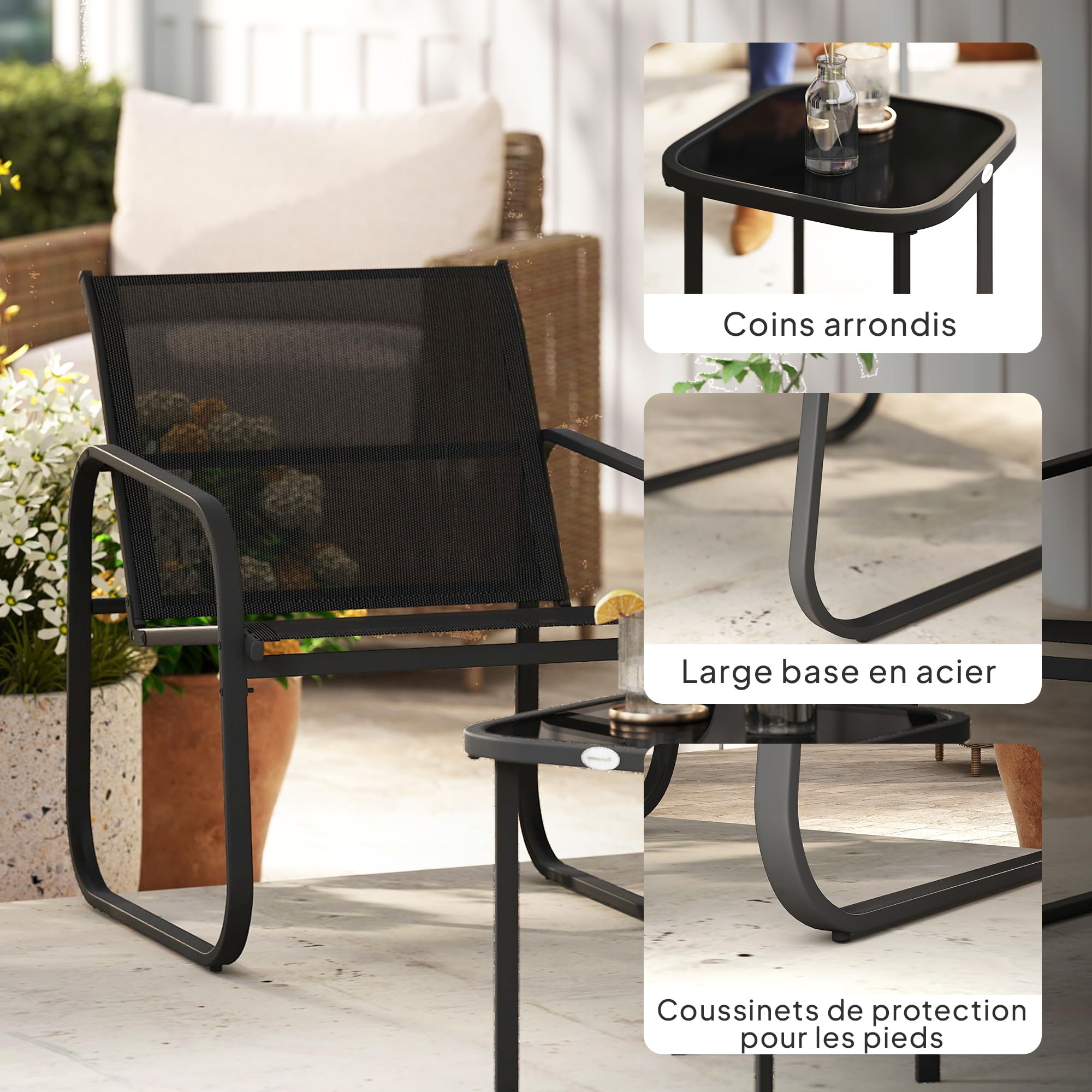 Outsunny Set bistrot da giardino 3 pezzi, set di mobili da giardino per 2 persone con 2 sedie in rete e tavolino in vetro temperato, mobili da giardino, terrazza, balcone, veranda, nero