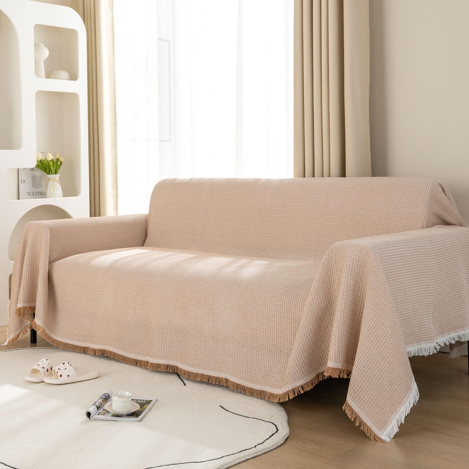 LHGOGO Großer Baumwoll Sofaüberwurf 180x300cm Dunkelgrau mit