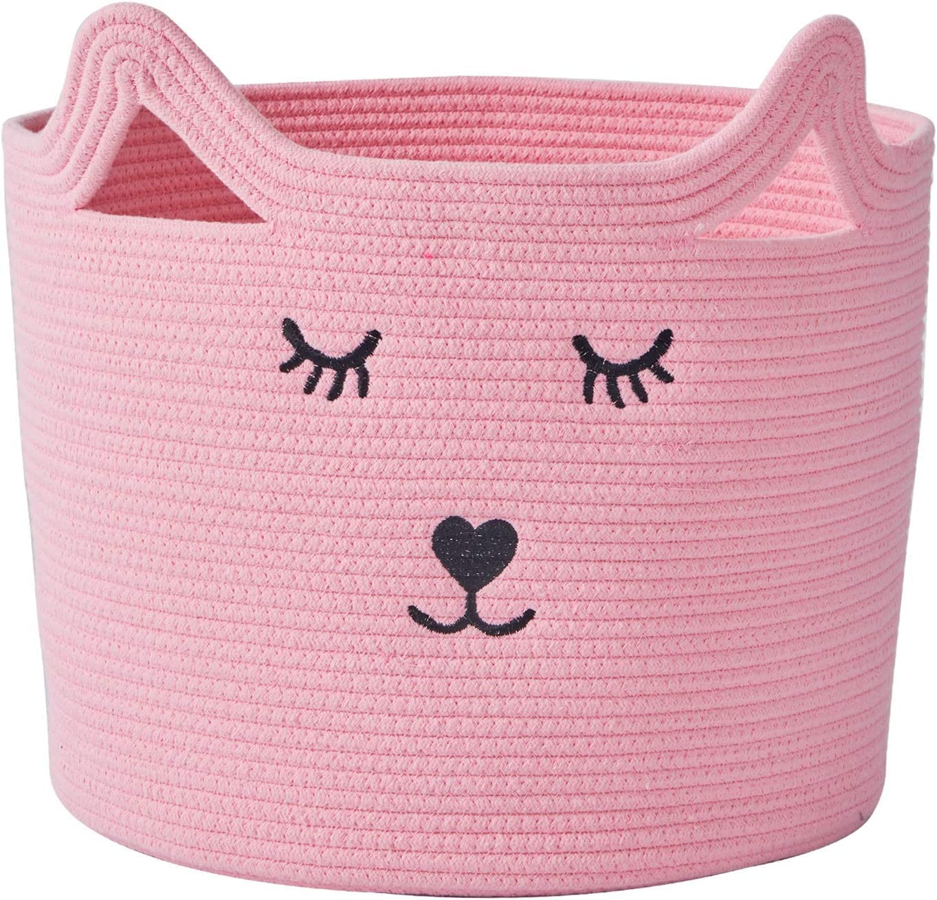 ☆LBY® ute Cotton Toy Storage Basket with Cute Cat Design, Baby Basket for Nursery, Cute Nursery Storage Basket for Baby Toys, Pink Woven Cotton Rope Basket, 15.7 ”(D) x 14.6”(H) (cat Pink)