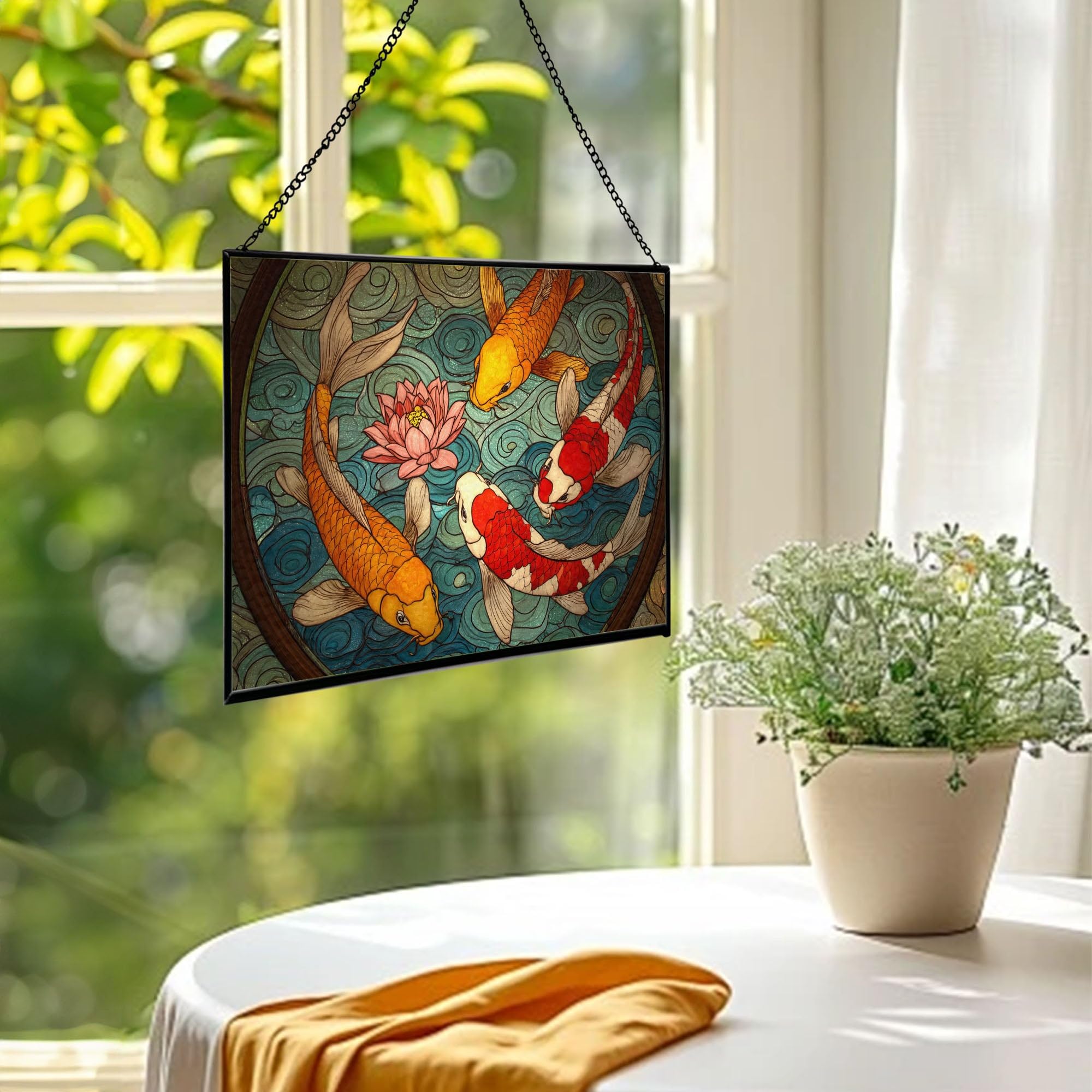 Koi Fish in Circular Pond with Lotus Rectangular Stained Glass Suncatcher – Hanging Window Panel with Animal & Nature Scene – Vibrant Glass Art Gift for Wildlife, Fantasy, Nature Lovers rVvqvP