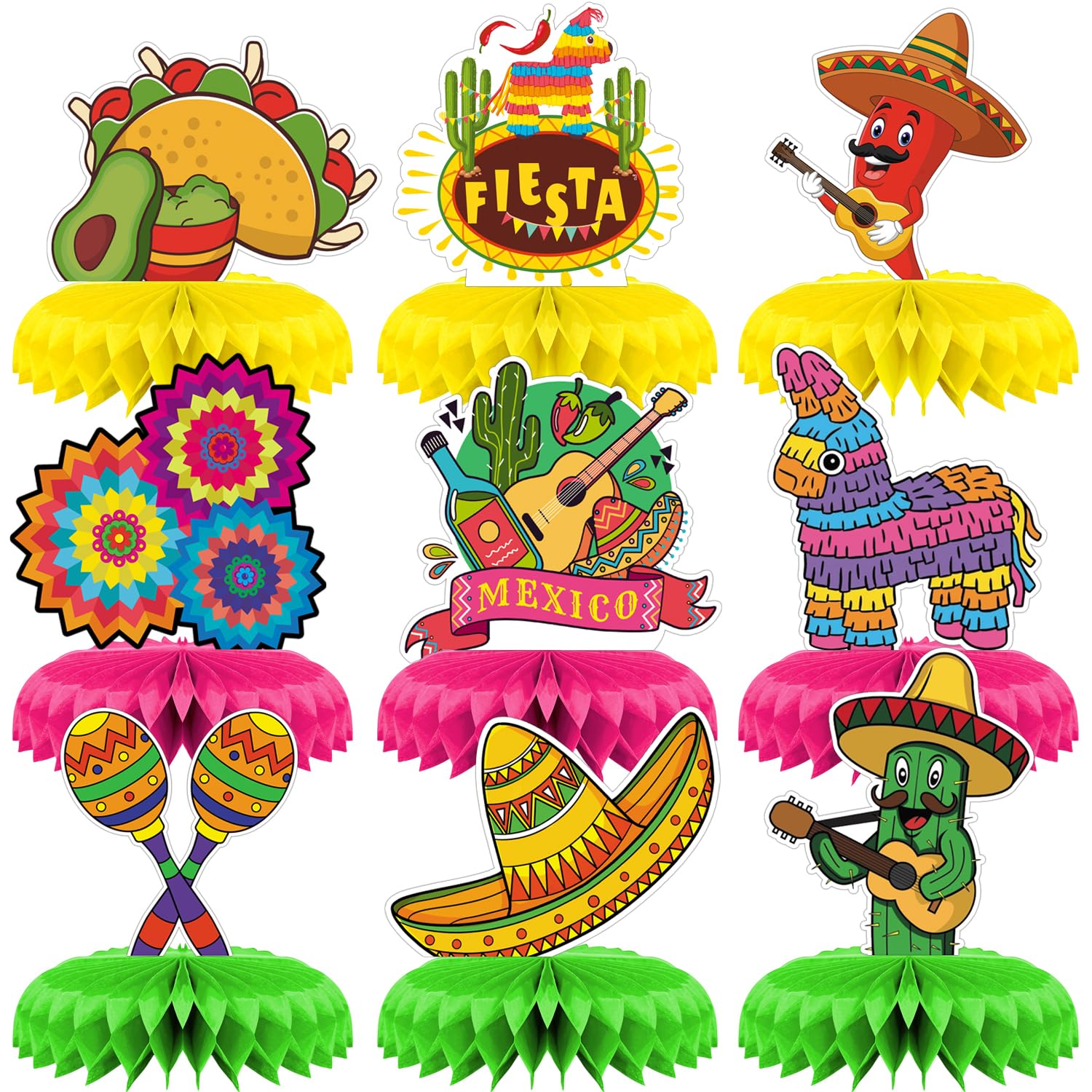 9 Pieces Mexican Fiesta Honeycomb Table Centerpiece Colorful Hanging Paper Fans Cinco DE Mayo Table Party Decorations Mexican Theme Centerpiece Day of The Dead Decor Supplies