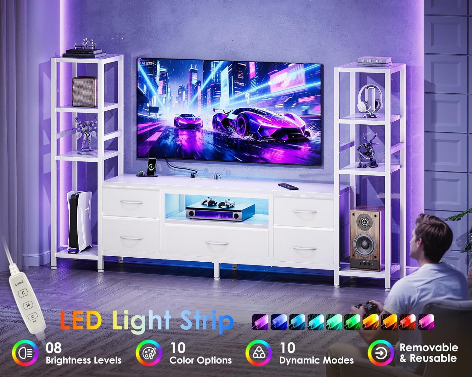 A person using a remote control to adjust the LED light strip on the Casaottima TV Stand, with icons indicating 8 brightness levels, 10 color options, and 10 dynamic modes.