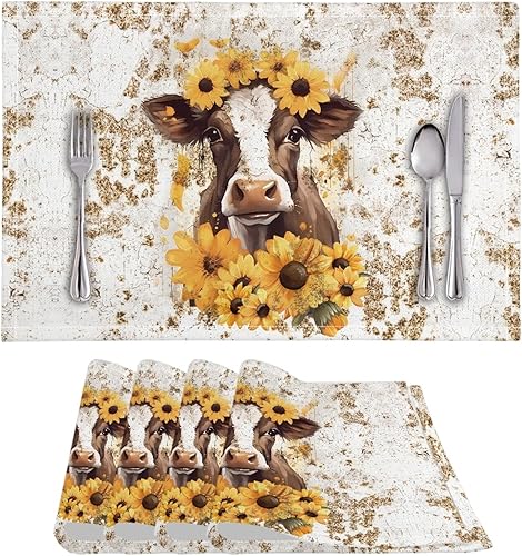 Juego de 4 manteles individuales cuadrados de girasol y vaca para mesas de cocina, manteles individuales lavables de 12 x 18 pulgadas para cocina,