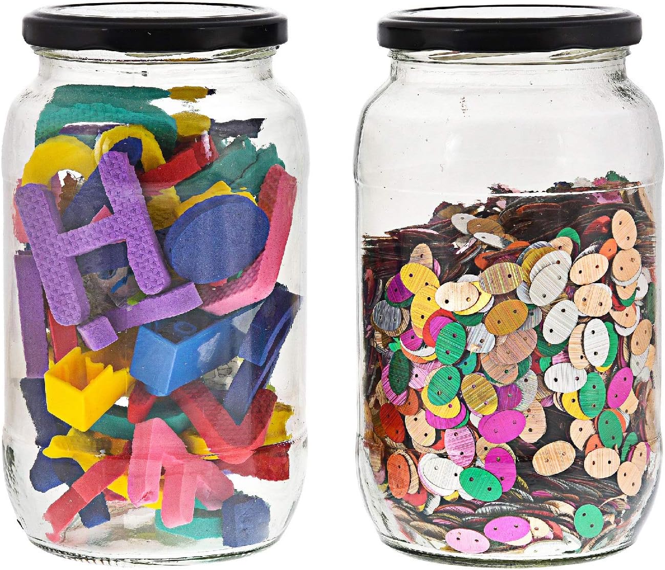 Big Round Glass Jar Containers For Kitchen Storage With Airtight Black Lid, 1kg, Set of 2